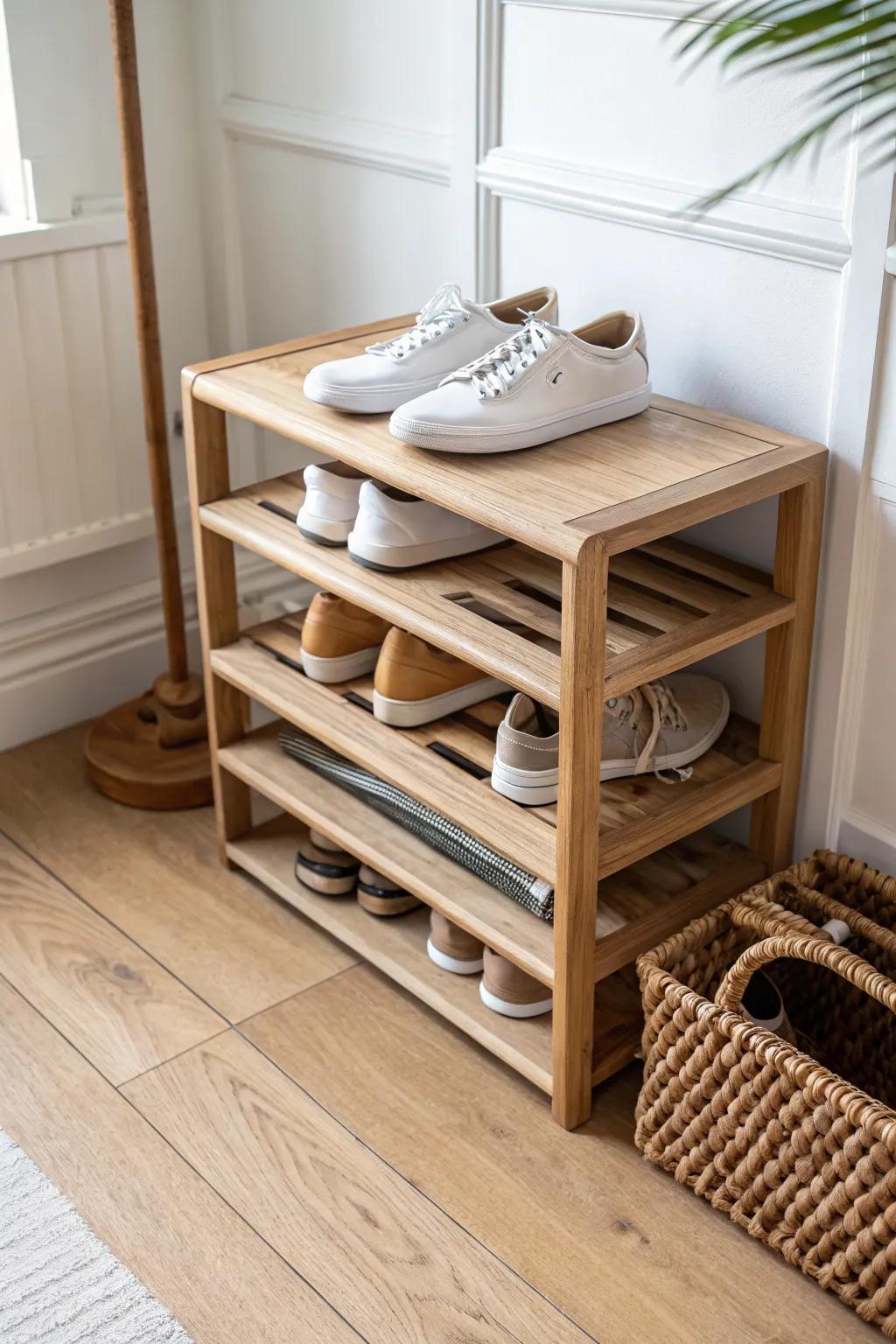 Create a shoe zone: a stacked rack keeps daily pairs handy and the closet floor clear.