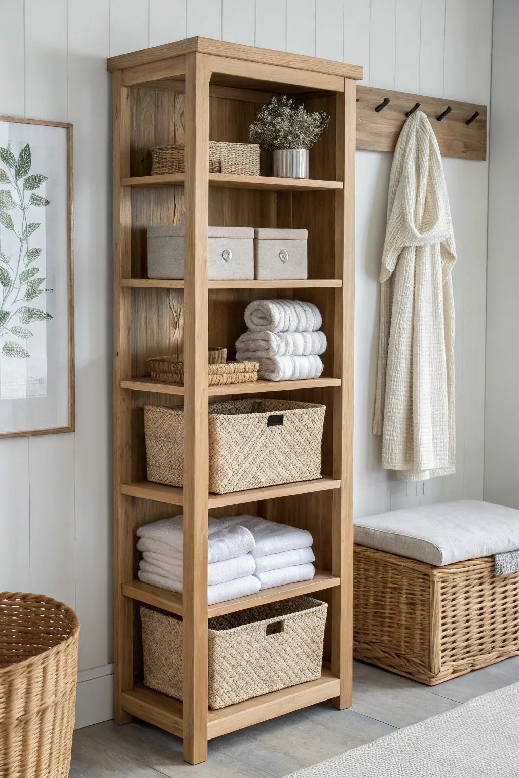 Two-sided narrow shelving keeps a slim storage room tidy—matching bins make it feel custom.