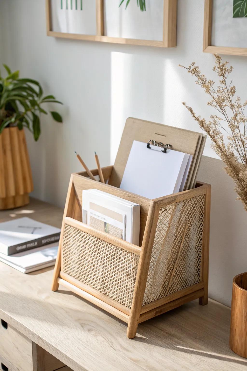 Skip paper piles—stand notes upright in a vertical file holder for an instantly calmer desk.