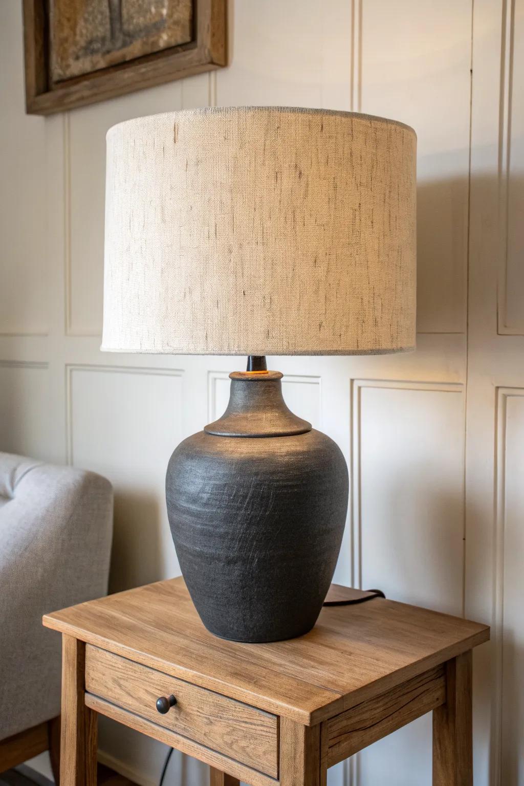 Neutral walls, dark accents: a charcoal ceramic lamp that instantly makes a guy's studio feel mature.