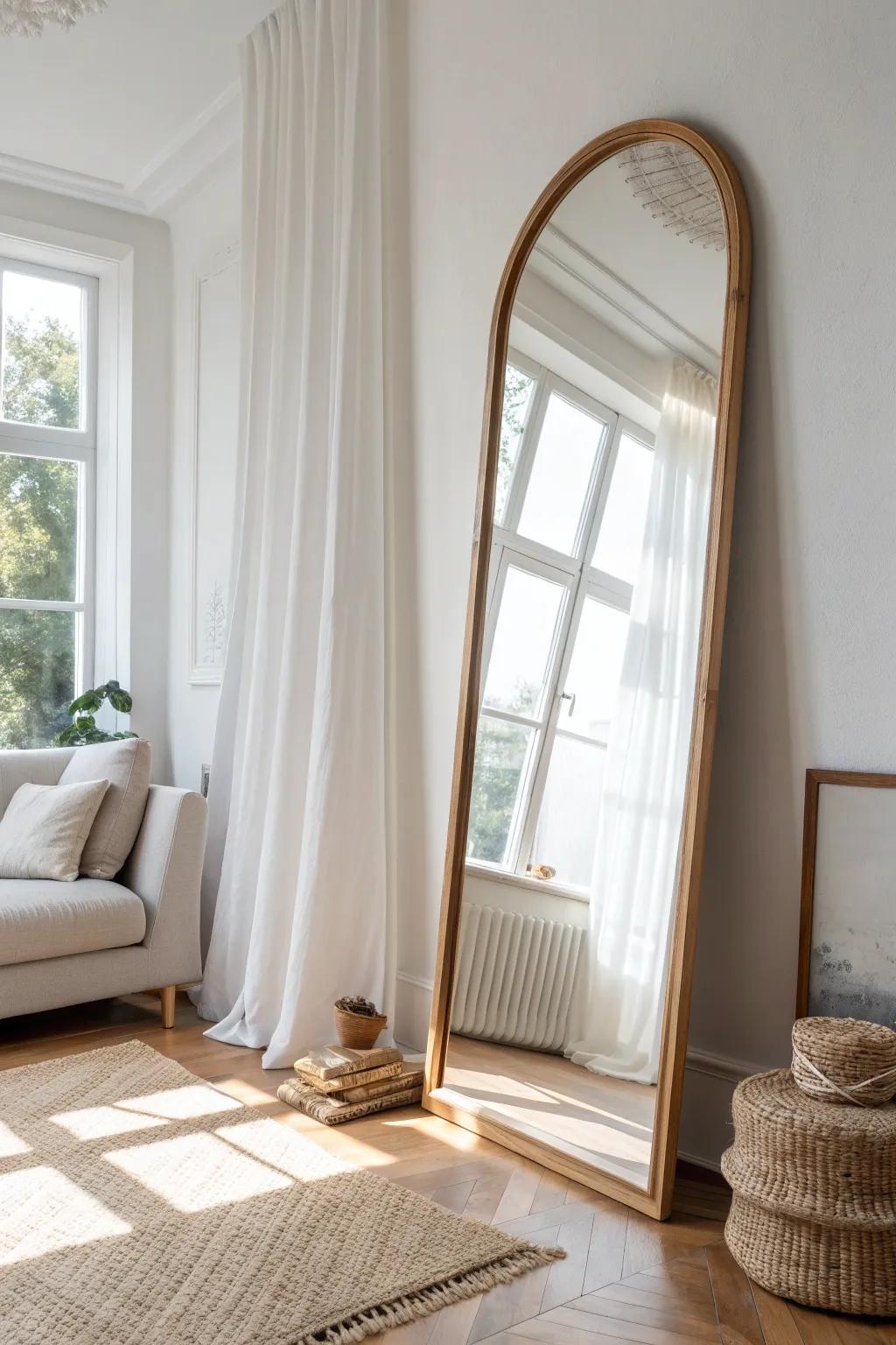One oversized floor mirror by the window instantly makes a studio feel brighter and twice as deep.