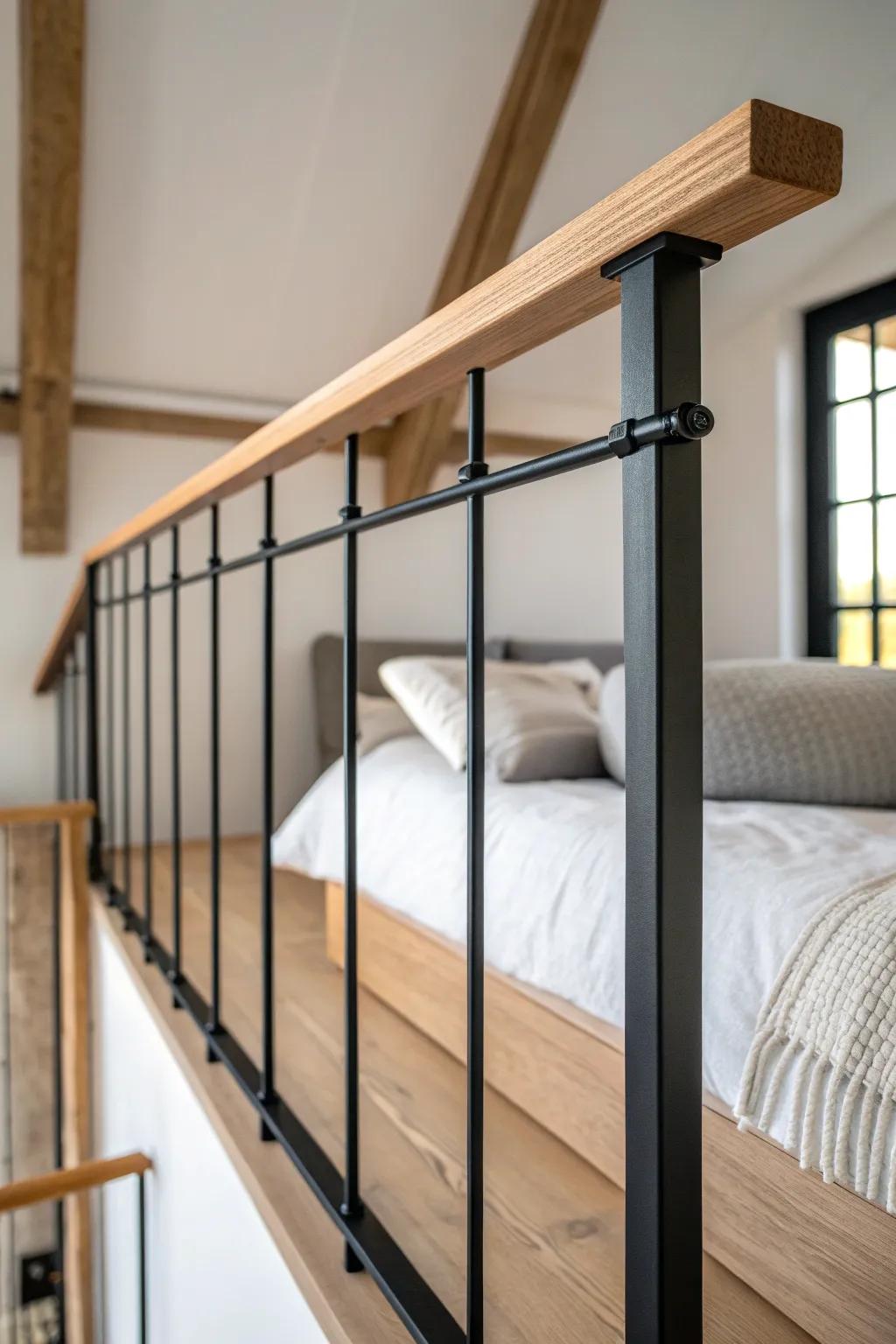 A slim matte-black rail adds loft safety without stealing light—perfect for a studio loft.