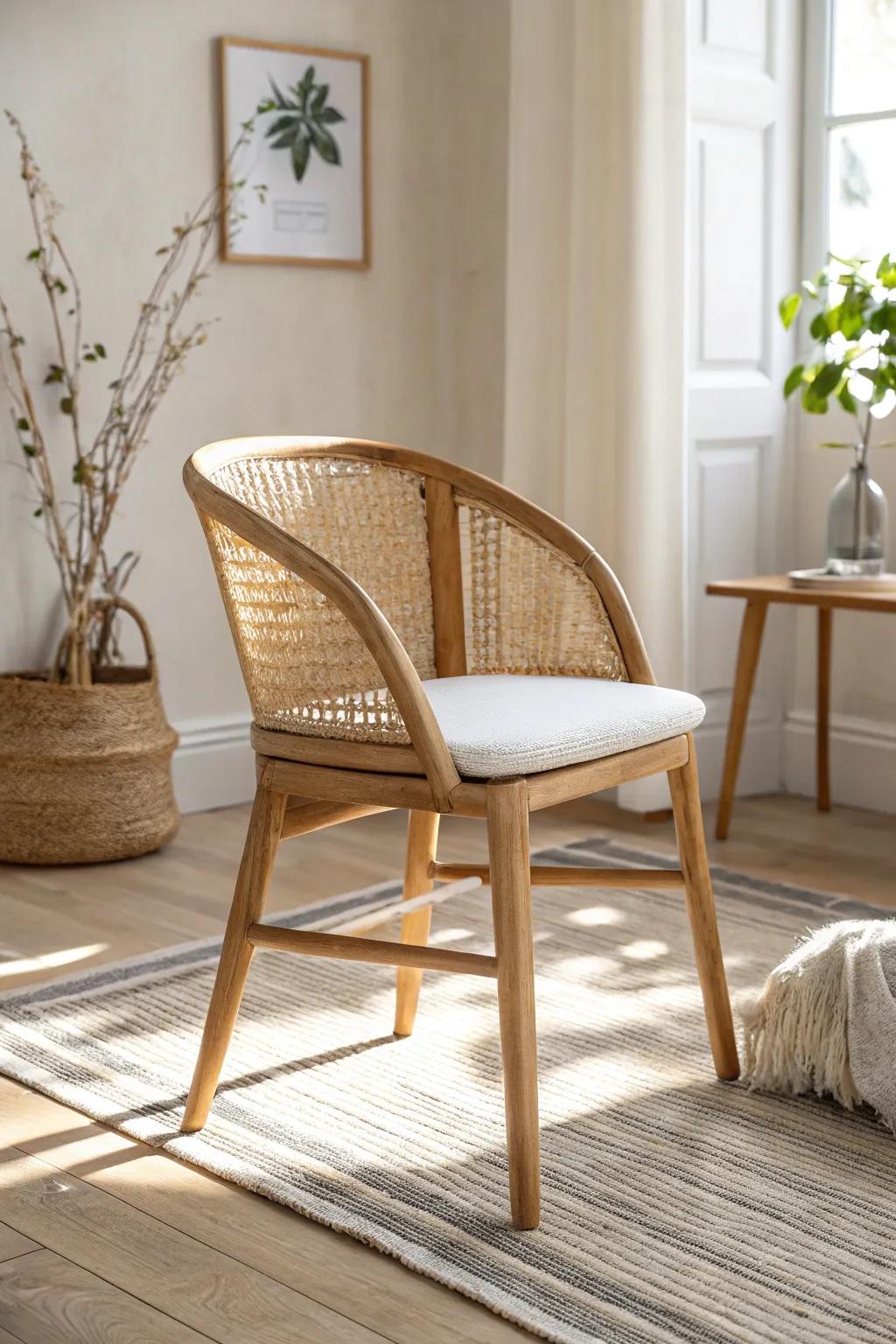 Swap a bulky office chair for a pretty dining chair to blend your study spot into the living room.