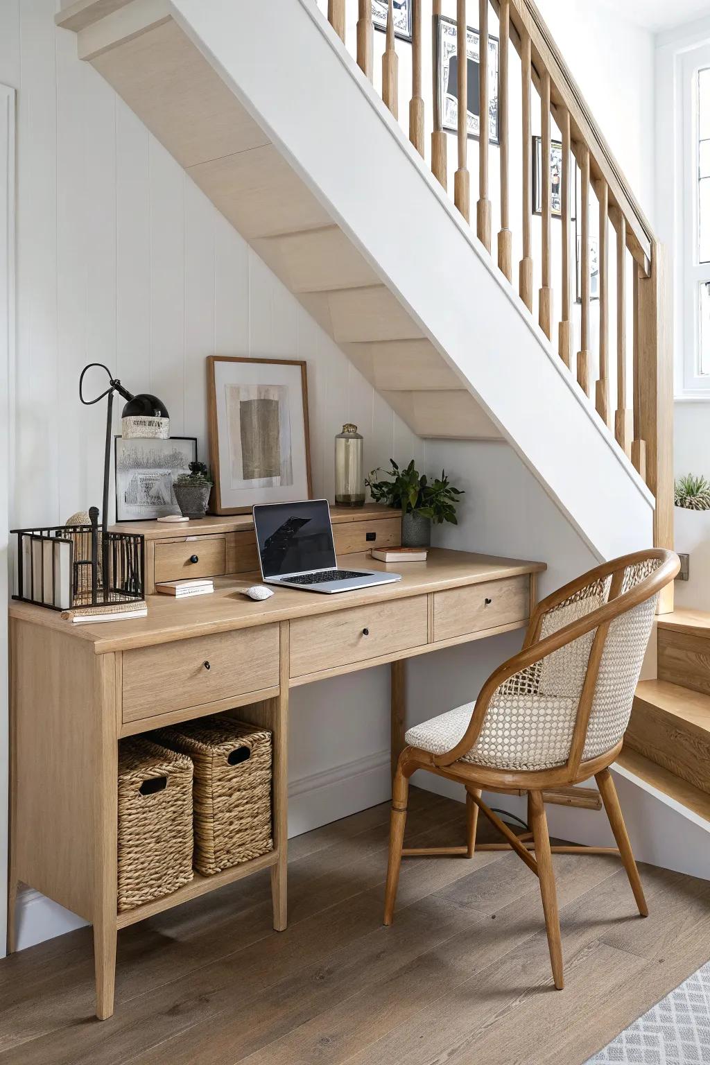 Turn under-stairs dead space into a cozy study nook—built-in drawers keep it calm and clean.