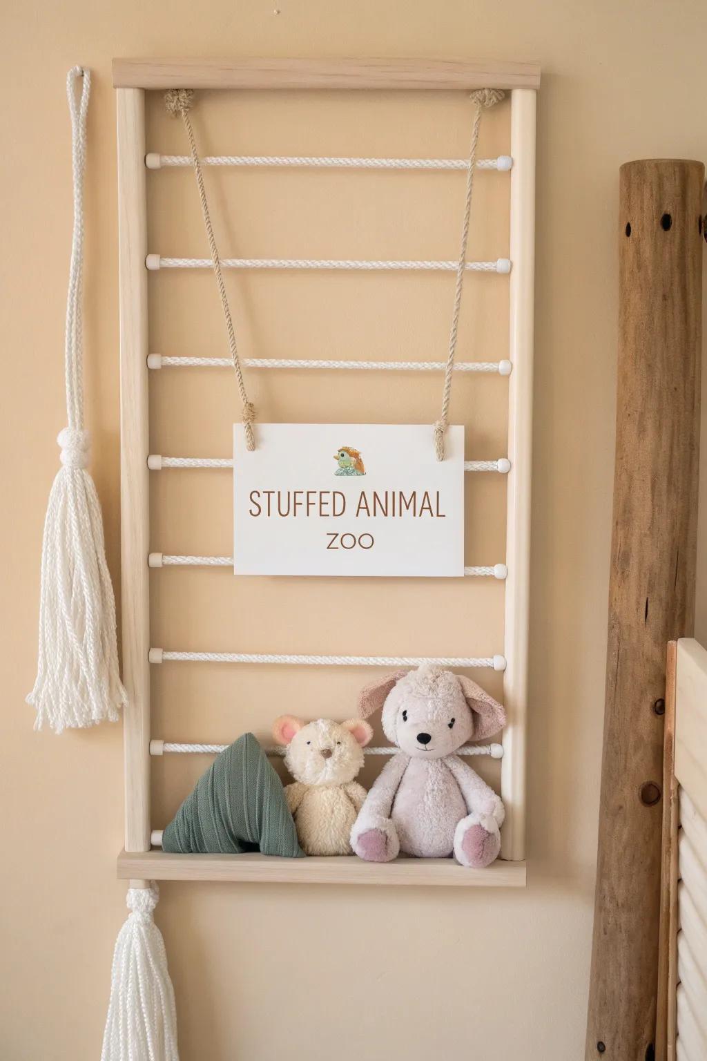 A chic bungee-cord “stuffed animal zoo” that keeps plushies tidy, visible, and easy to grab.