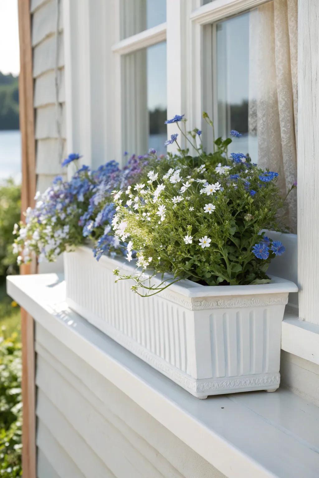Cool down summer with a breezy blue-and-white window box—fresh blooms, coastal calm.