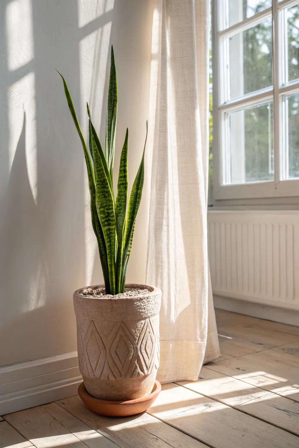 A sculptural snake plant brings effortless sunroom greenery—perfect for low-water, high-style living.