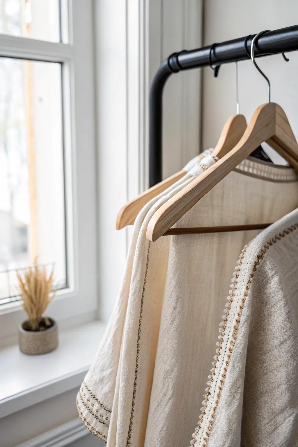 Wrinkle-free storage: drape a linen tablecloth over a padded hanger for a crisp, crease-free look.