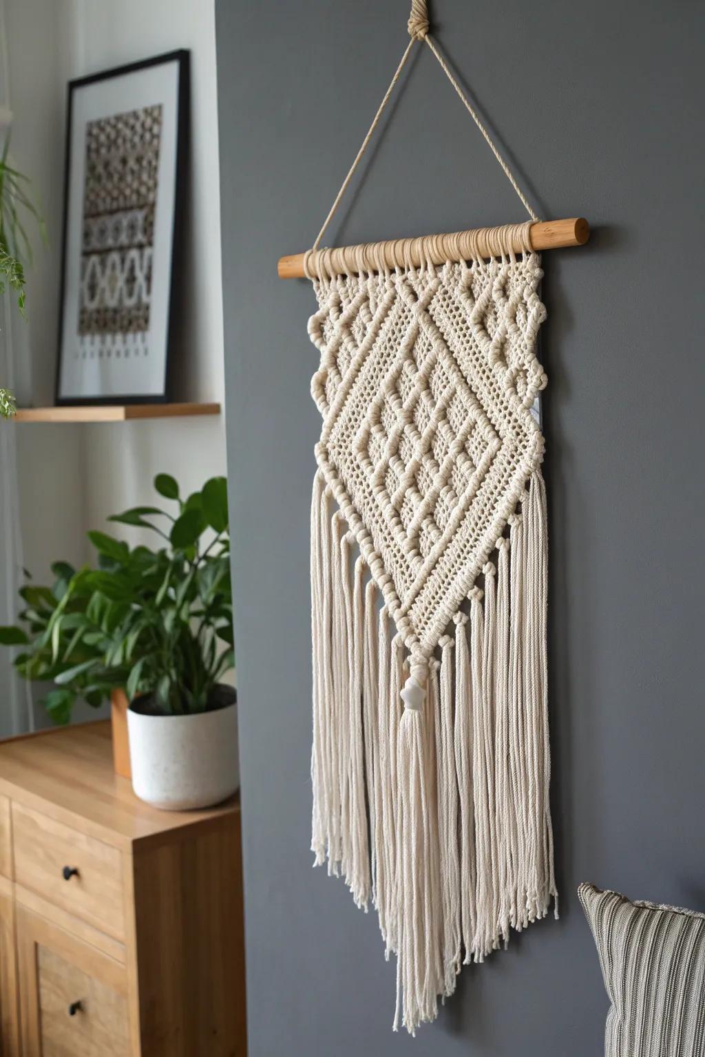 Swap in a textured macramé hanging—neutral knots add calm, depth, and soft shadow.