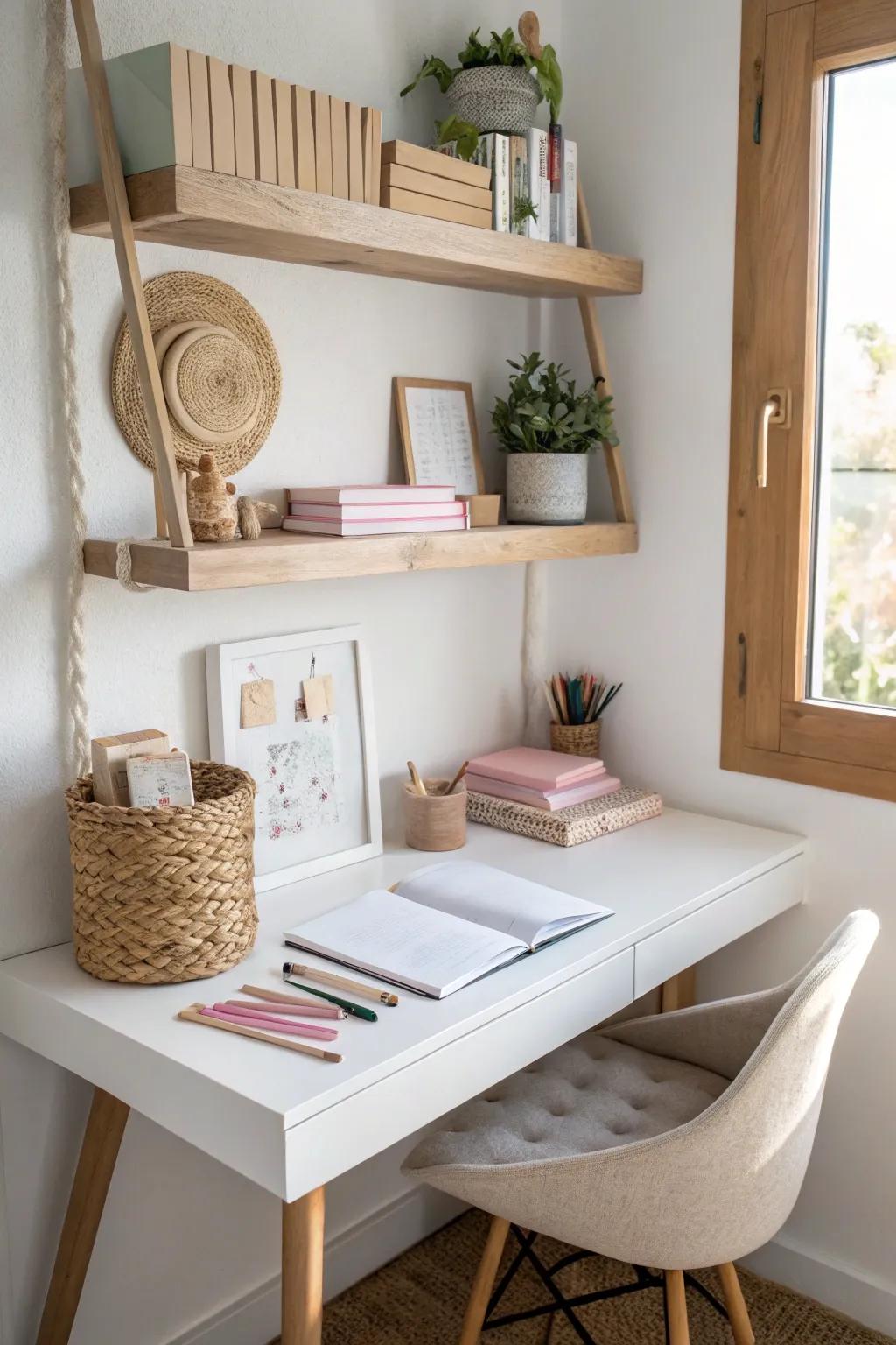 Floating shelves above the desk add vertical storage and keep a small teen study zone clear.