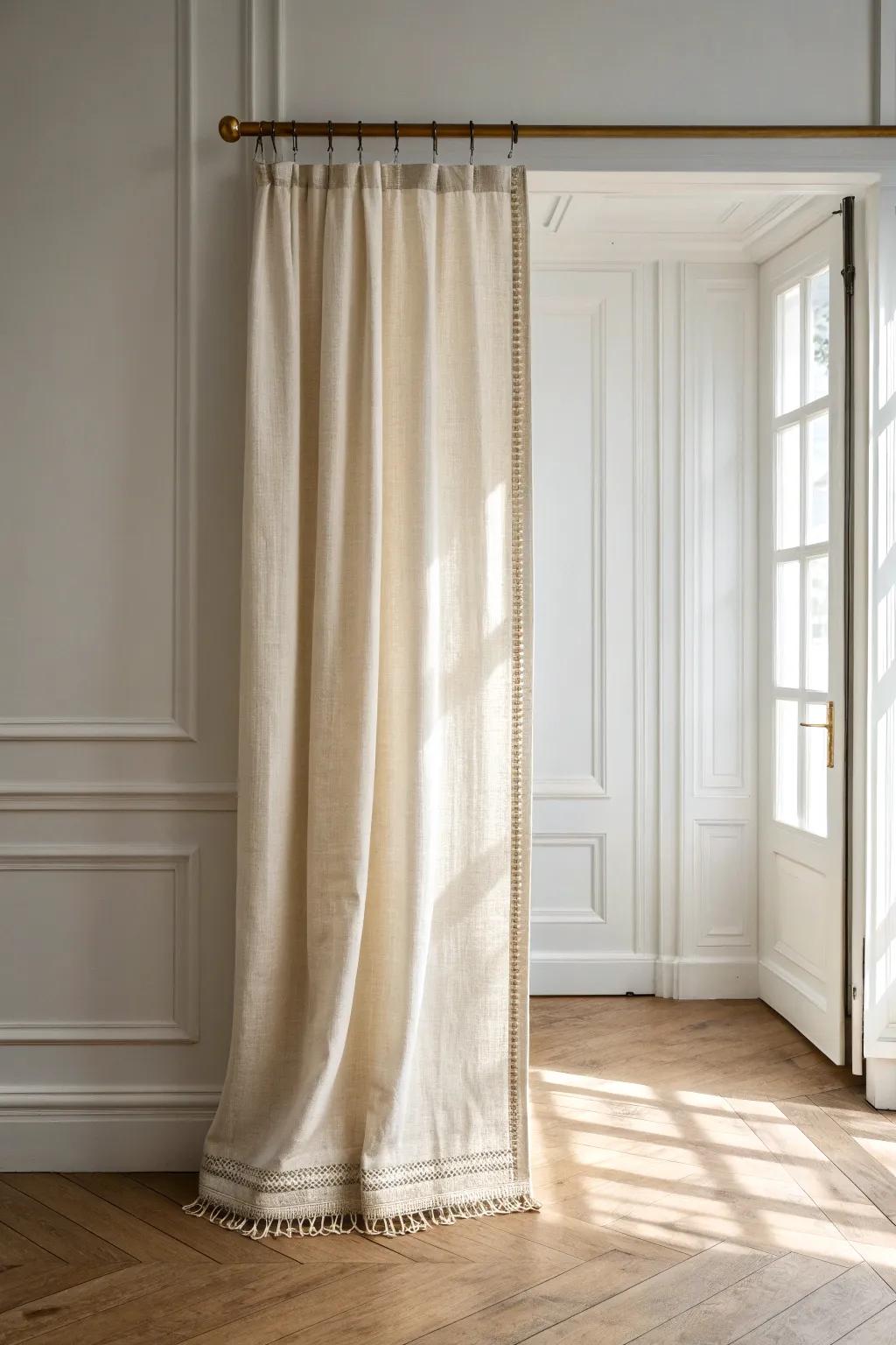 A simple tension-rod linen curtain turns an open doorway into a cozy, private nook.