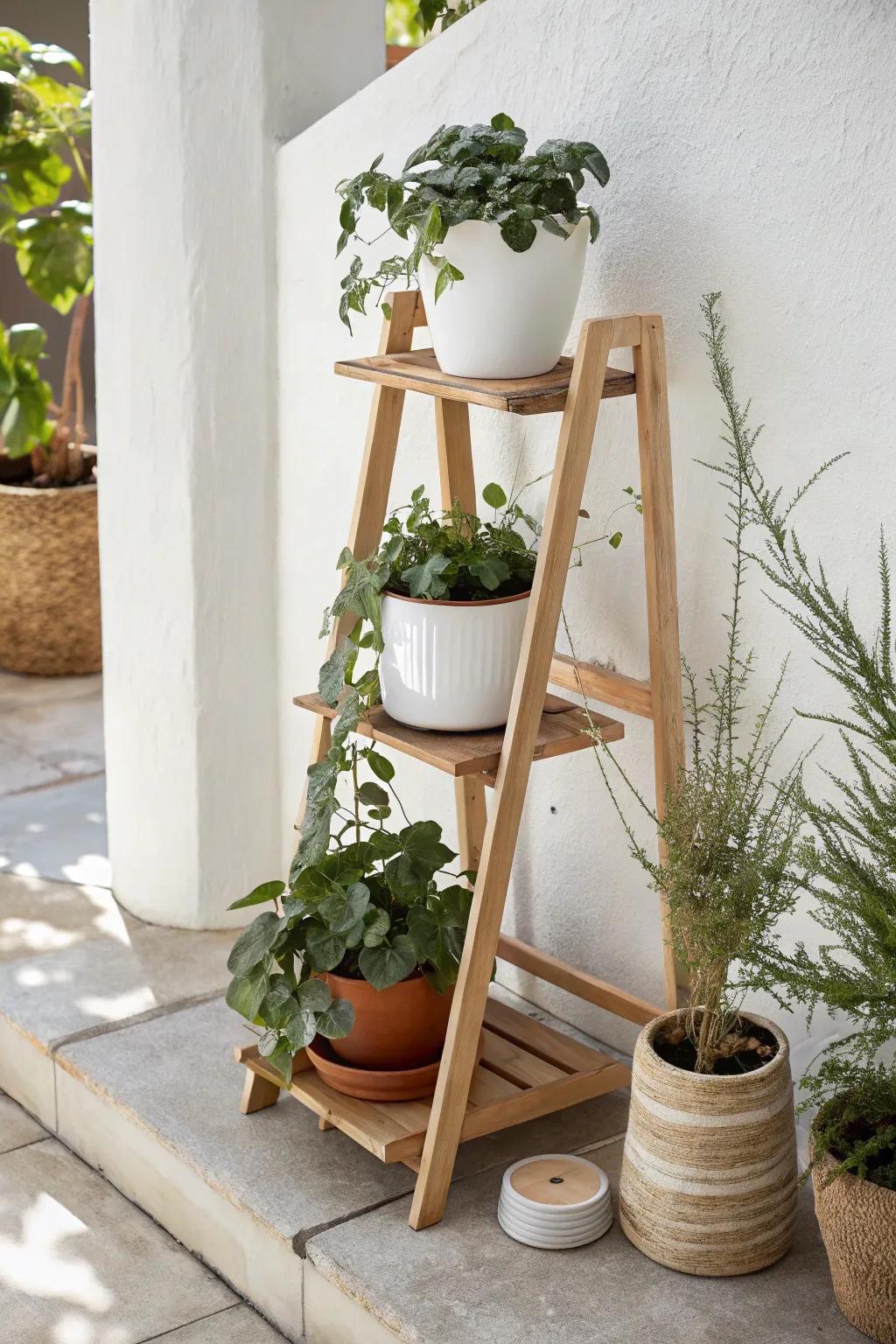 Tiered plant stand styling: add height, greenery, and calm Scandinavian charm to a tiny terrace.