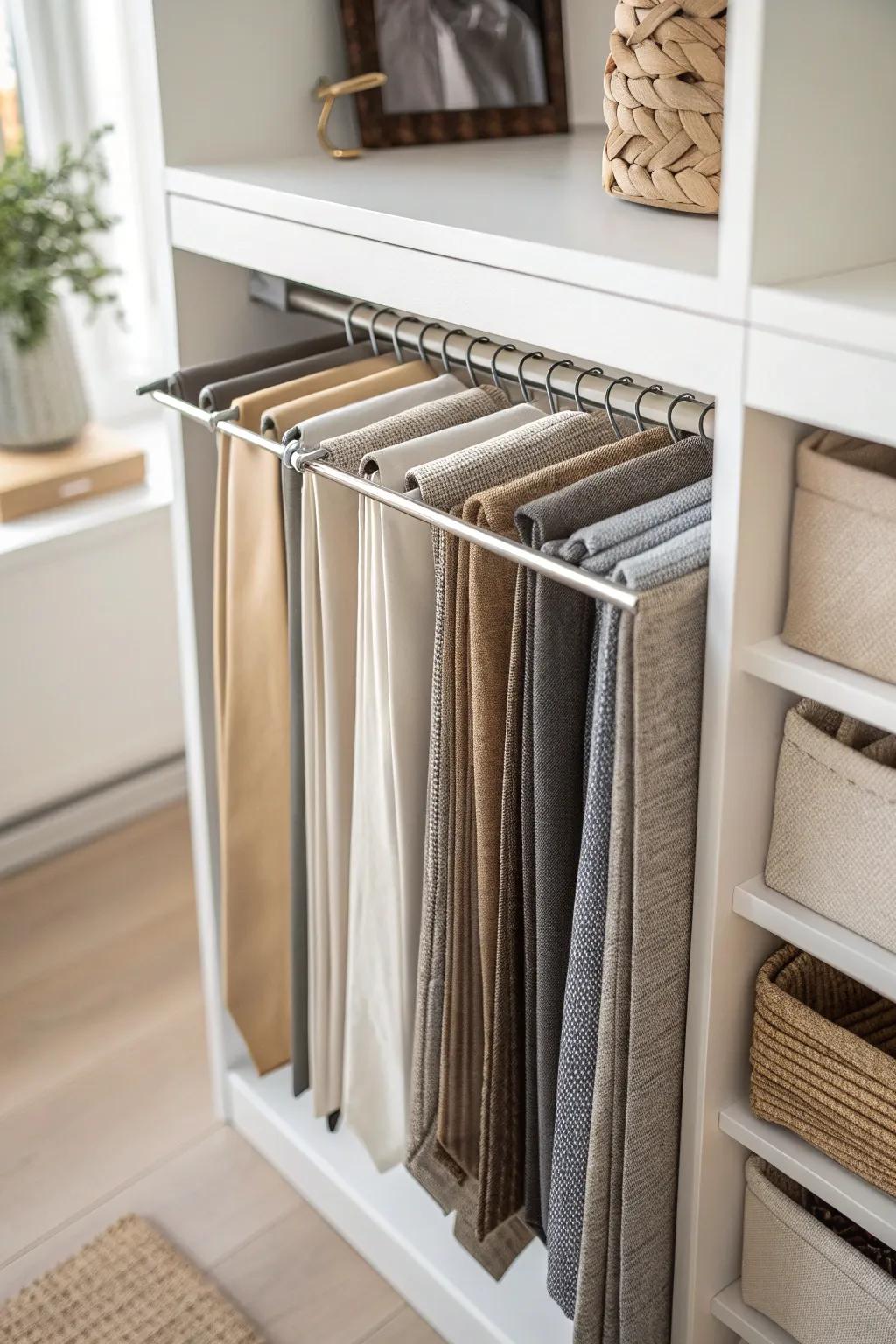 A sleek slide-out tie rack keeps ties visible and tidy—perfect for small, clutter-free closets.