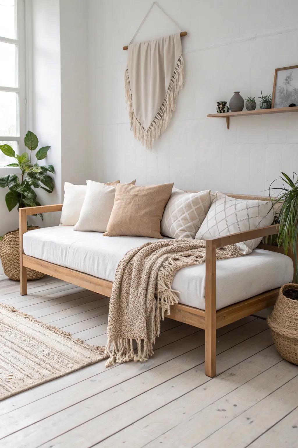 A linen daybed with oversized pillows—sofa by day, sleep-ready by night in a tiny studio.