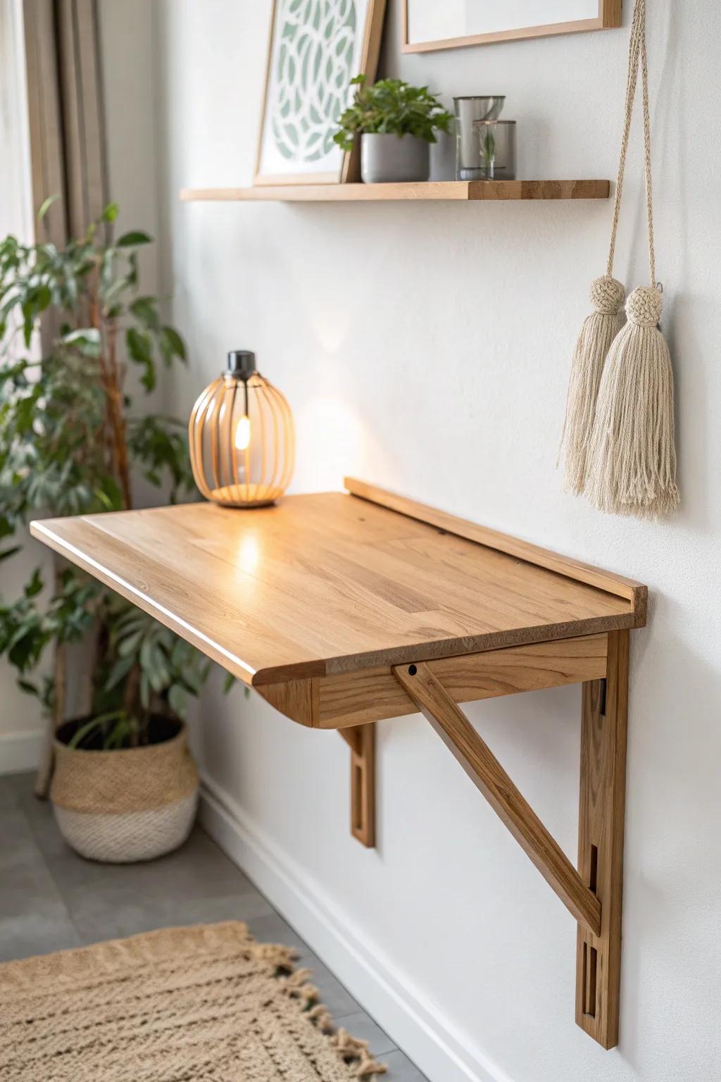 Small-space win: a fold-down wall table adds a desk or dining spot without losing floor space.