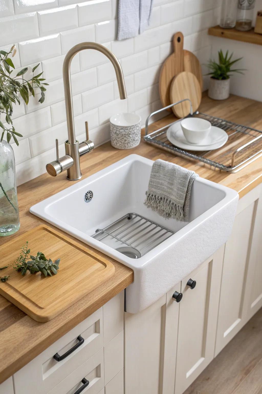 A sink-top board turns your tiny kitchen sink into extra prep space—minimal, warm, and smart.