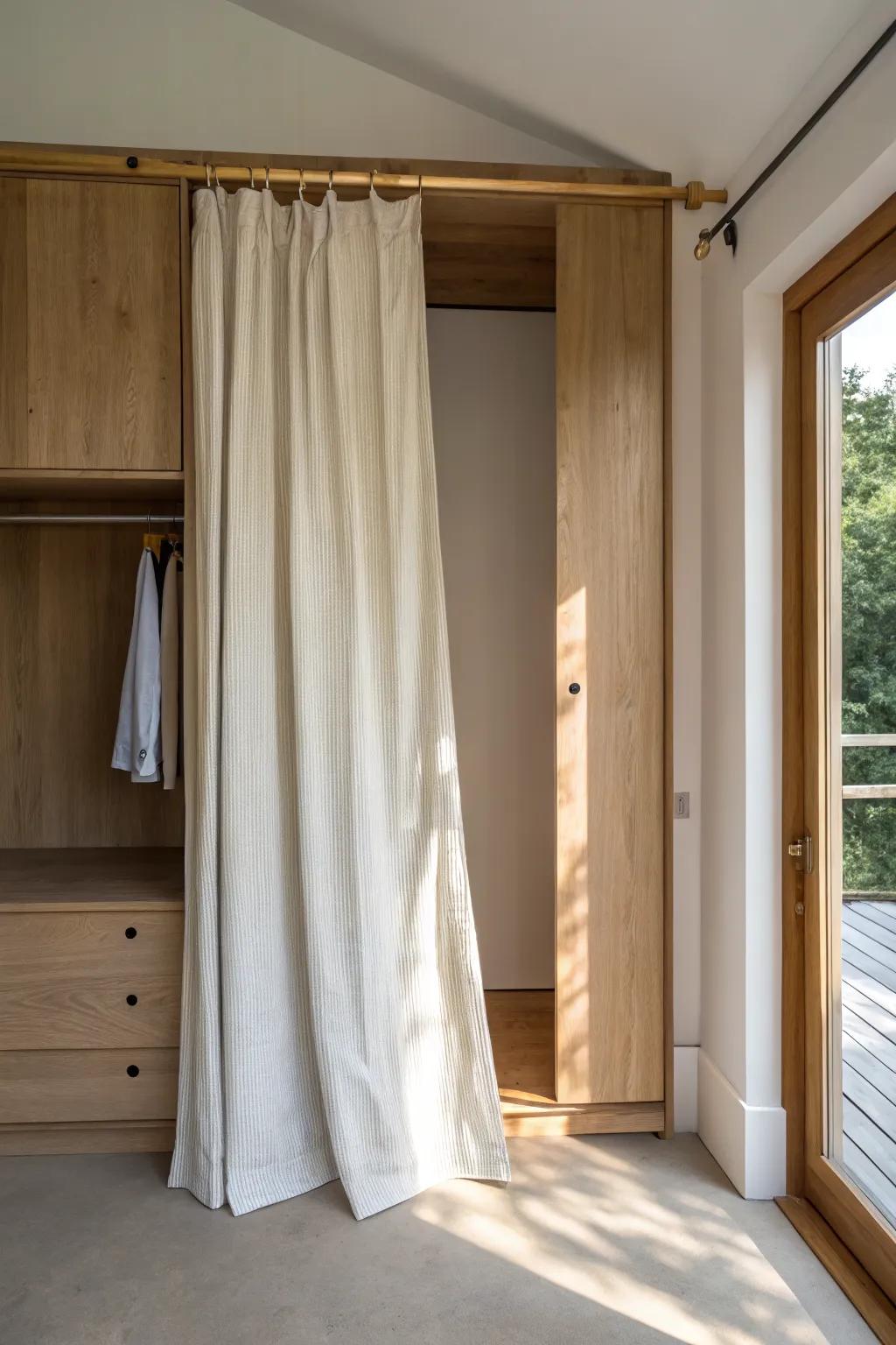 Linen curtain closet: skip the swing door for extra floor space and a softer tiny-house look.