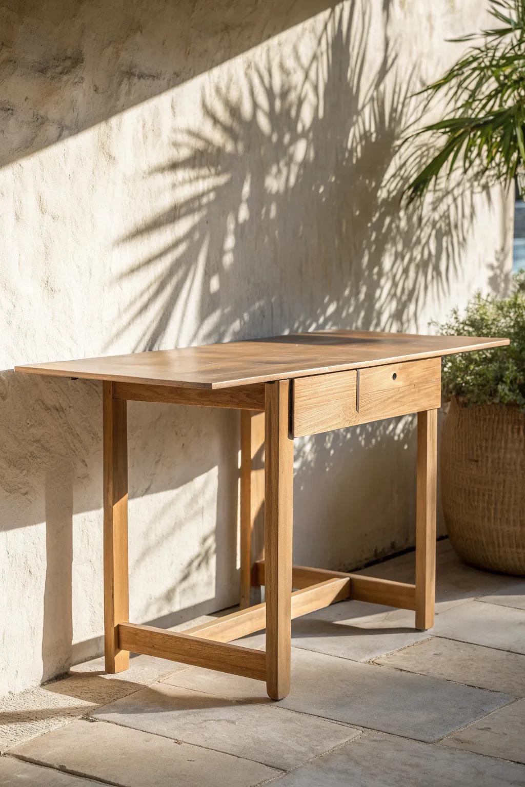 Slim light-oak drop-leaf table—dine, craft, or stash it away by folding flat in seconds.