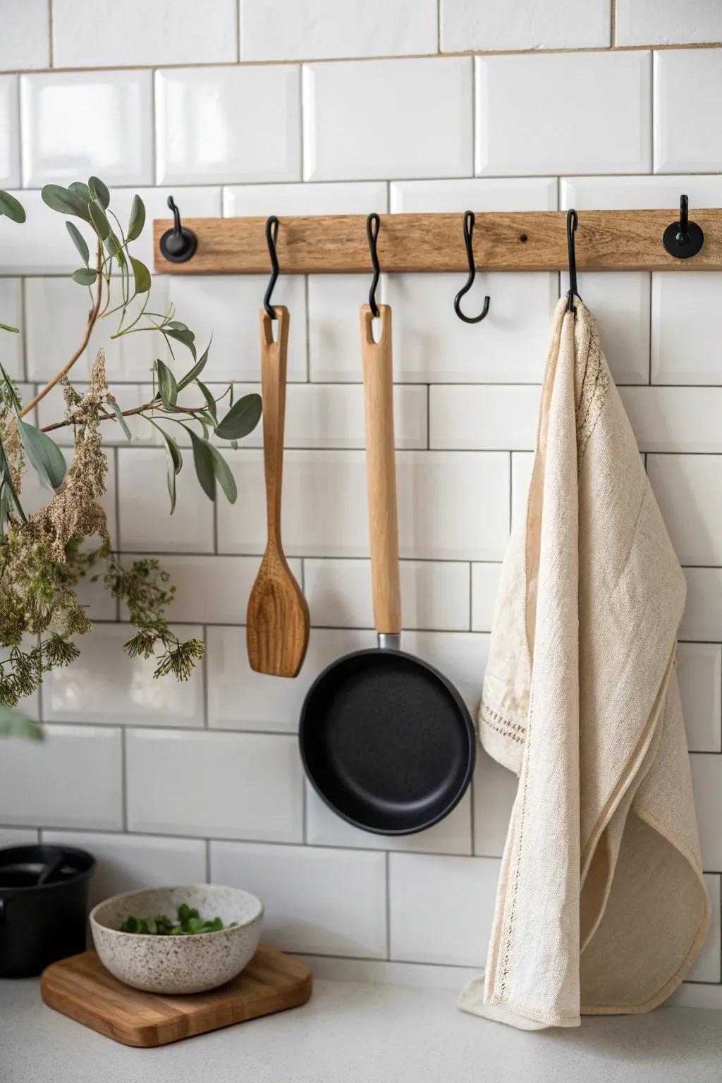 A simple hanging rail keeps tiny-house counters clear—tools, towel, and pan always within reach.