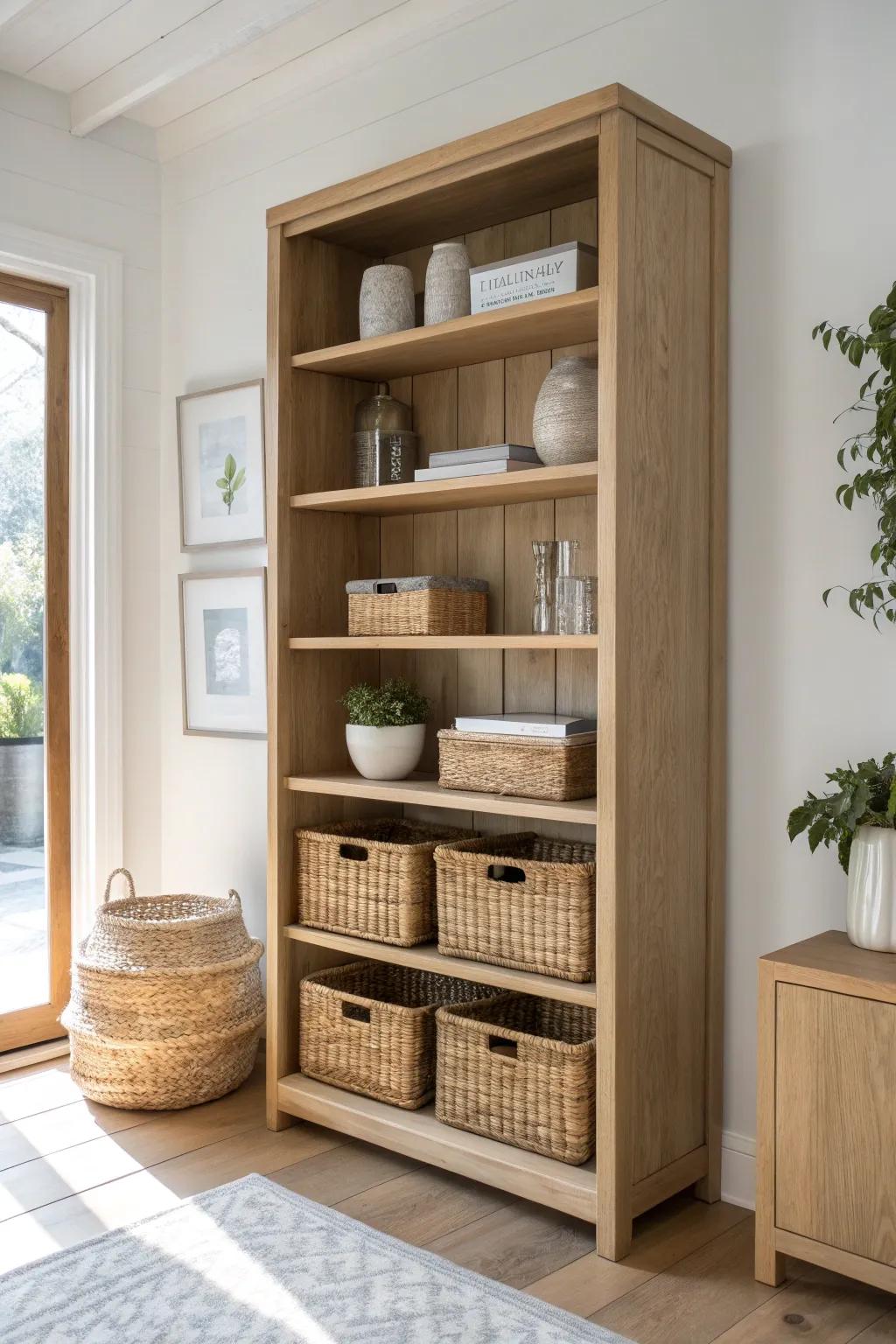 Floor-to-ceiling shelving: practical baskets below, styled “pretty storage” up top.