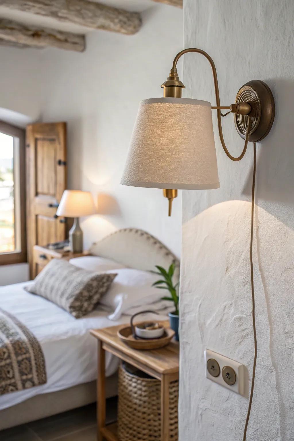 Wall-mounted sconces free up nightstand space while adding warm, minimalist glow.