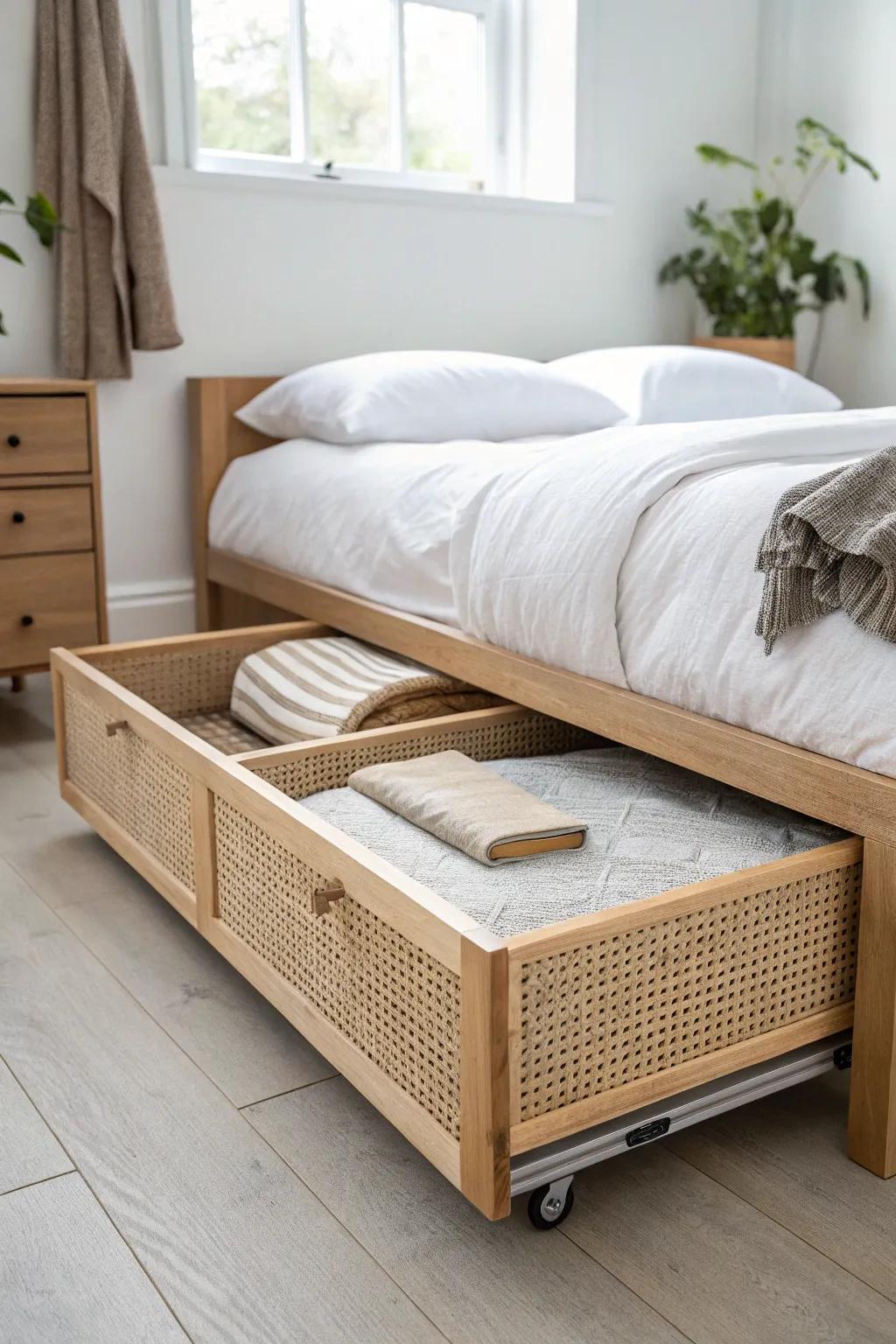 A smooth under-bed drawer you’ll actually pull out—beautiful storage for tiny rooms.