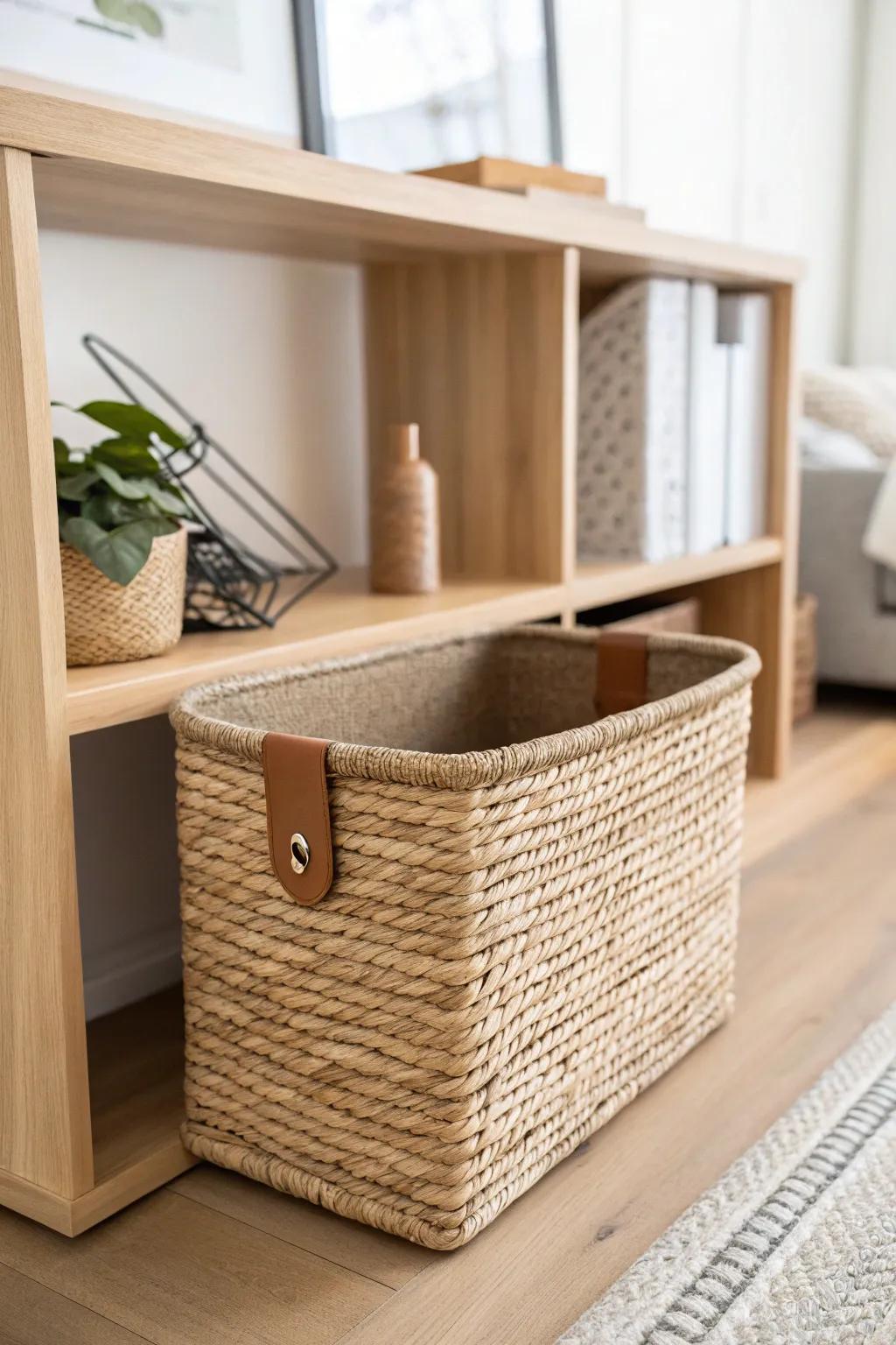 Matching woven storage bin for a built‑in look—instant calm and clutter‑free tiny man cave.