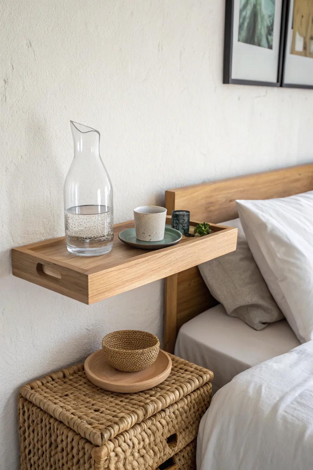 Floating shelf as a nightstand—airy, minimalist, and perfect for tiny bedrooms.
