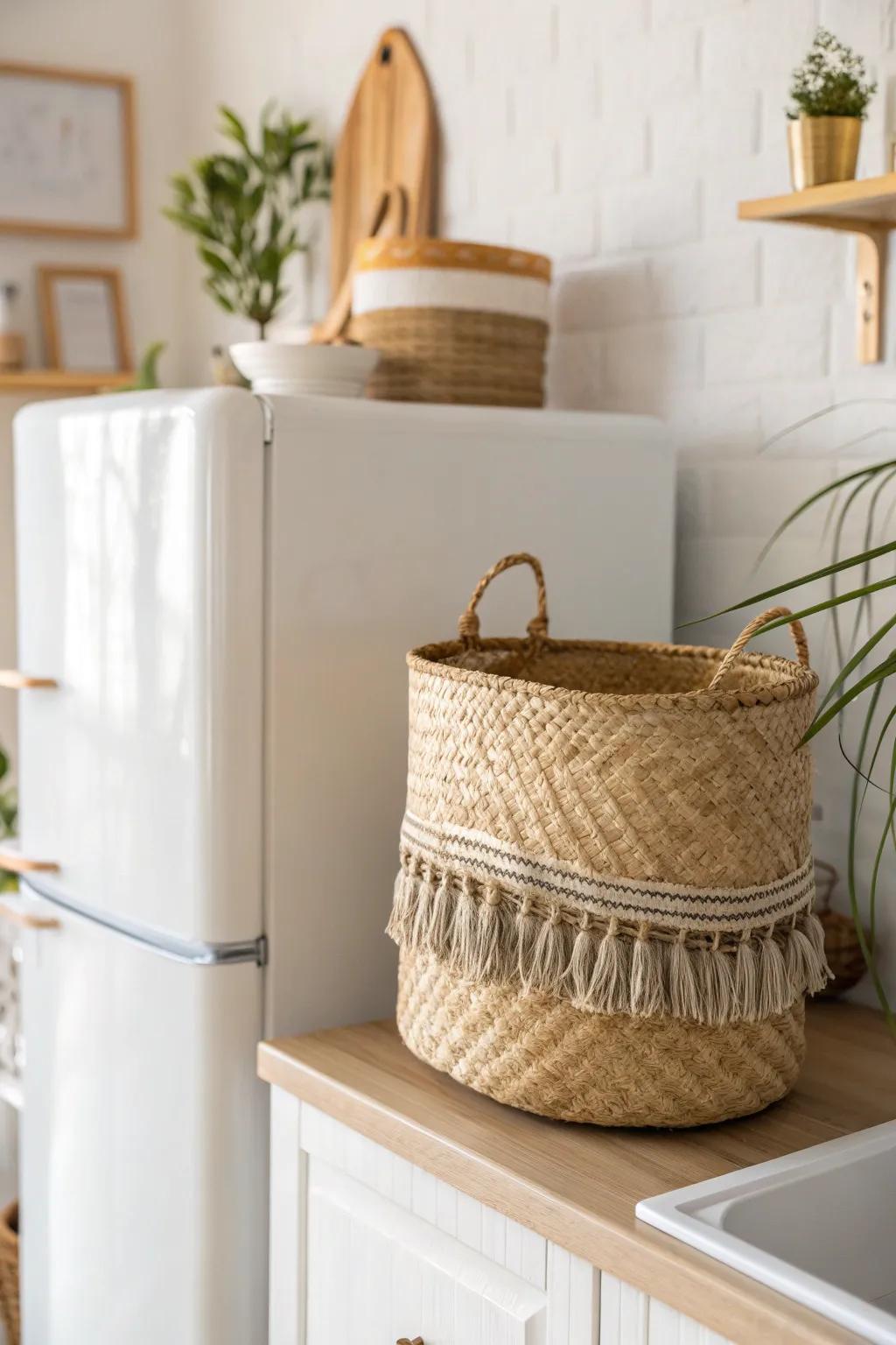 A handwoven basket on an open shelf above the fridge turns wasted space into cozy storage.