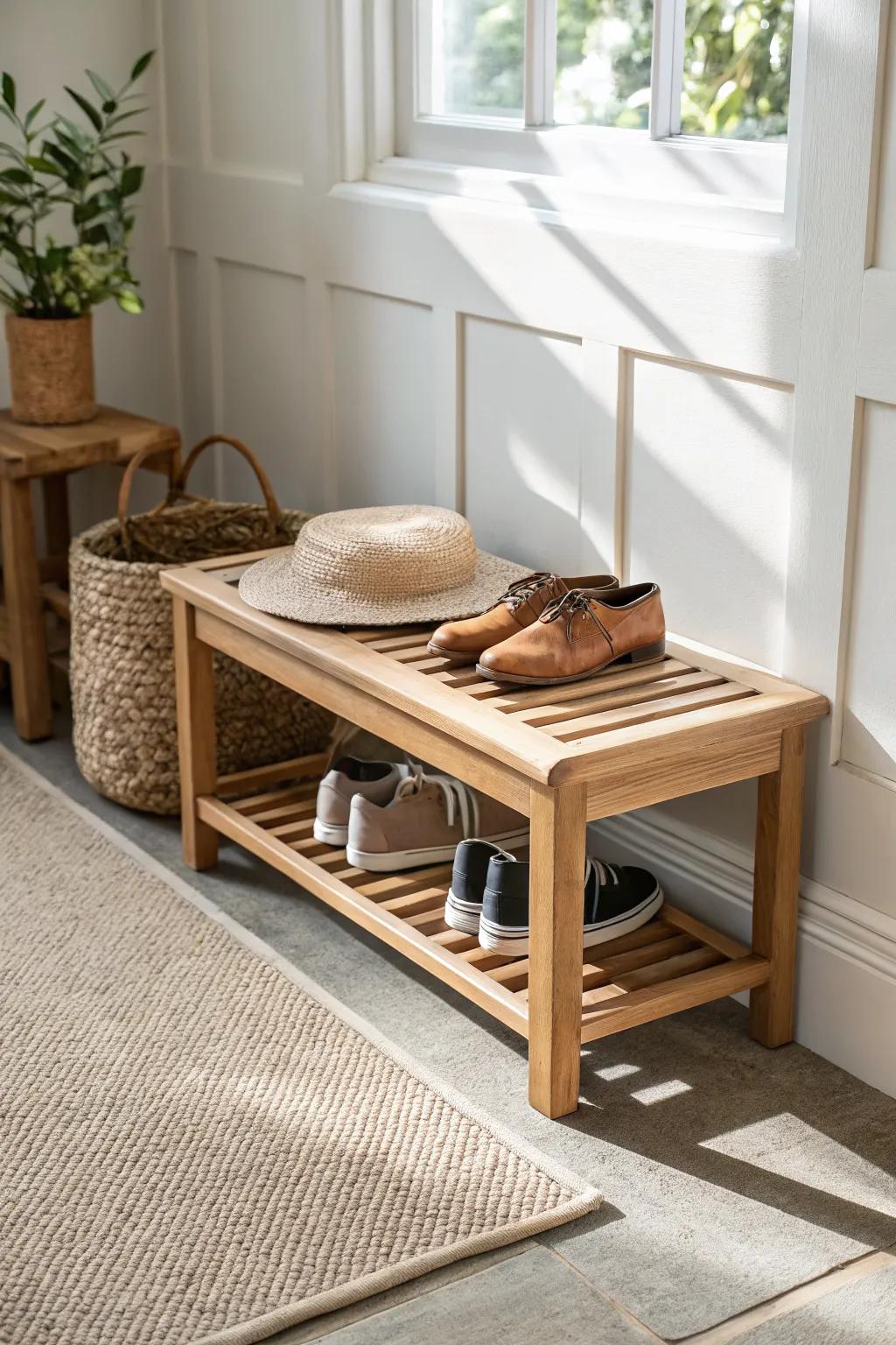 A slim oak shoe bench adds a seat and tidy storage without crowding a townhouse entry.