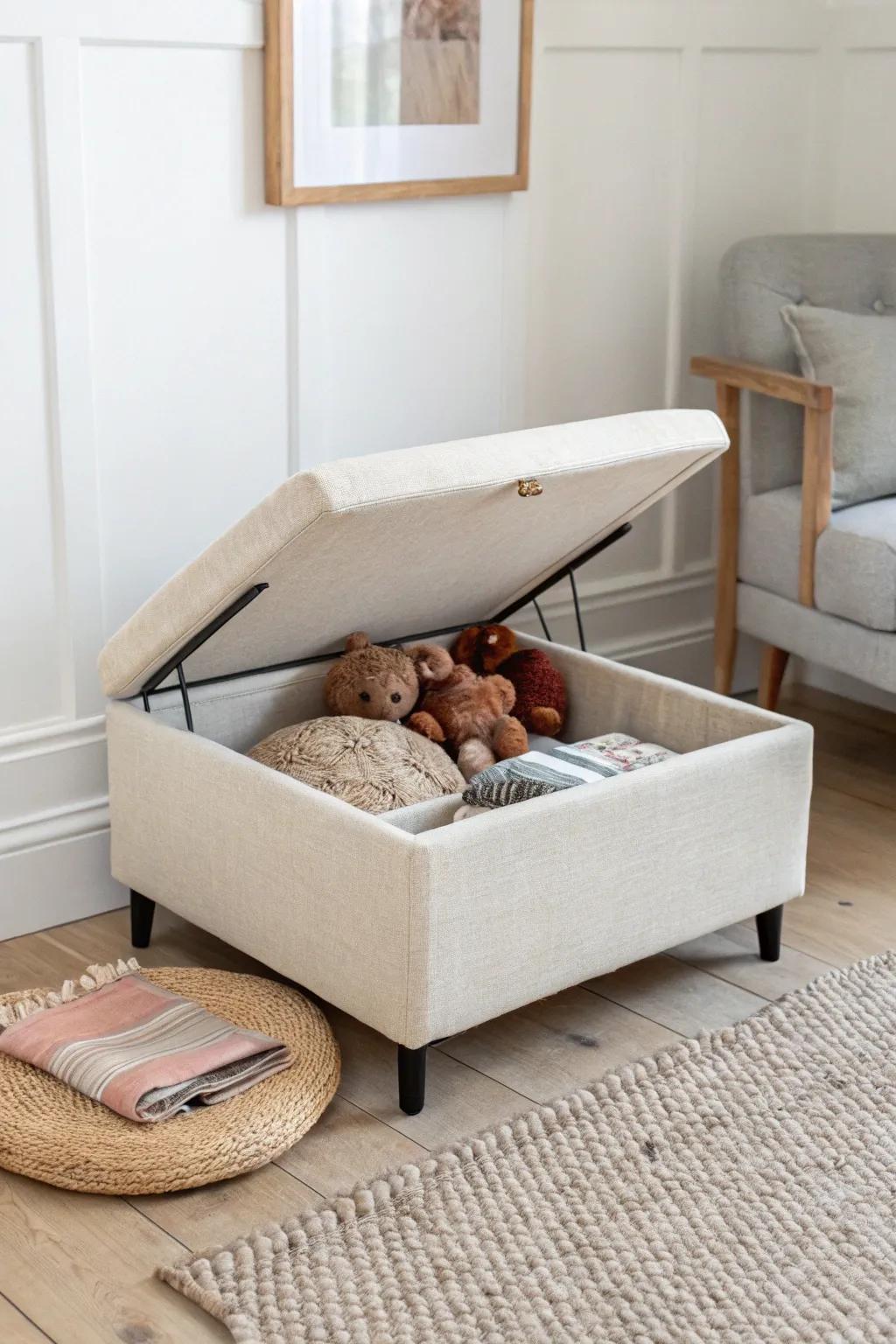 Chic hidden-storage ottoman keeps bulky toys tucked away while your living room stays serene.