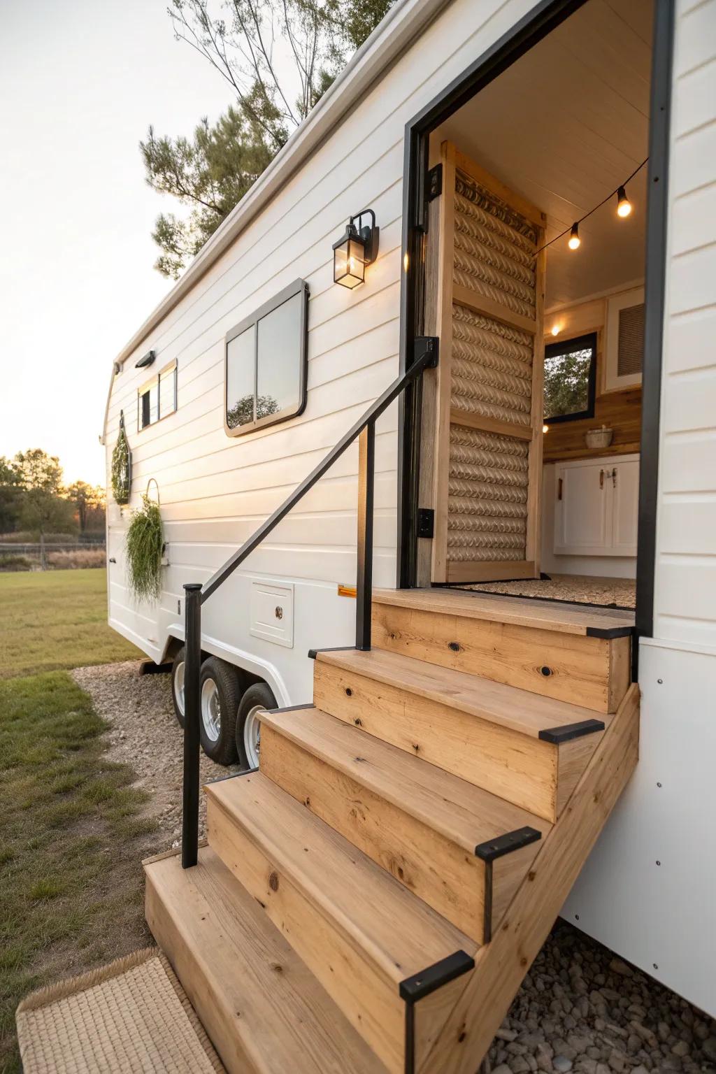 Side-mounted steps free up a tiny trailer porch—more seating space, no walkway down the middle.