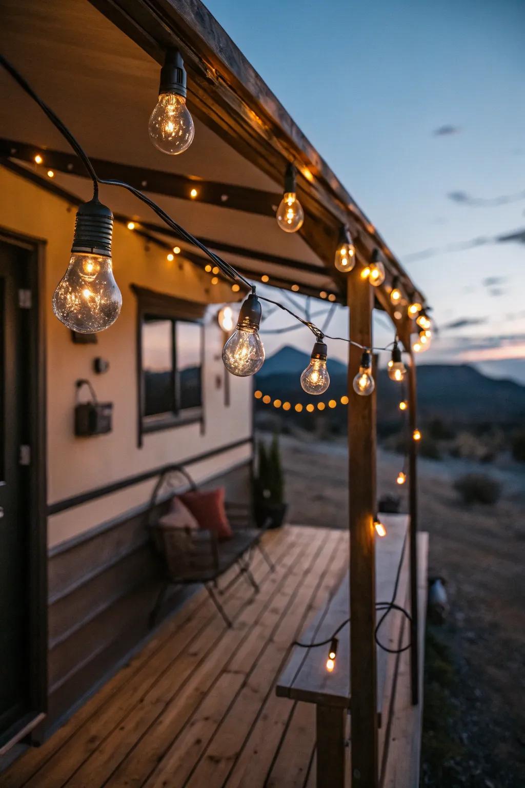 Illuminate your camper porch with the magic of fairy lights, transforming it into a cozy retreat under the stars.