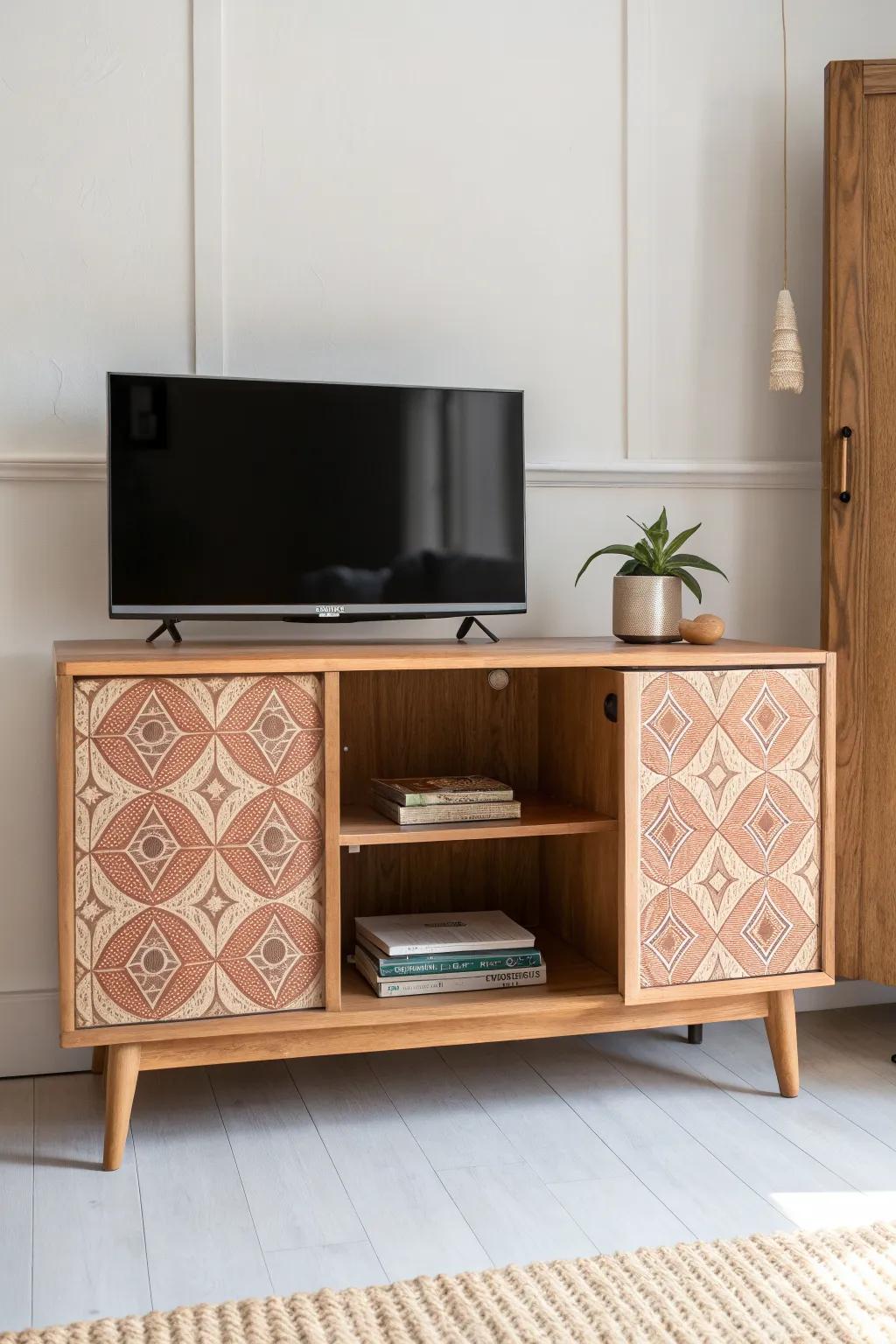 Renter-friendly TV stand refresh: peel-and-stick paper adds instant pattern and polish.
