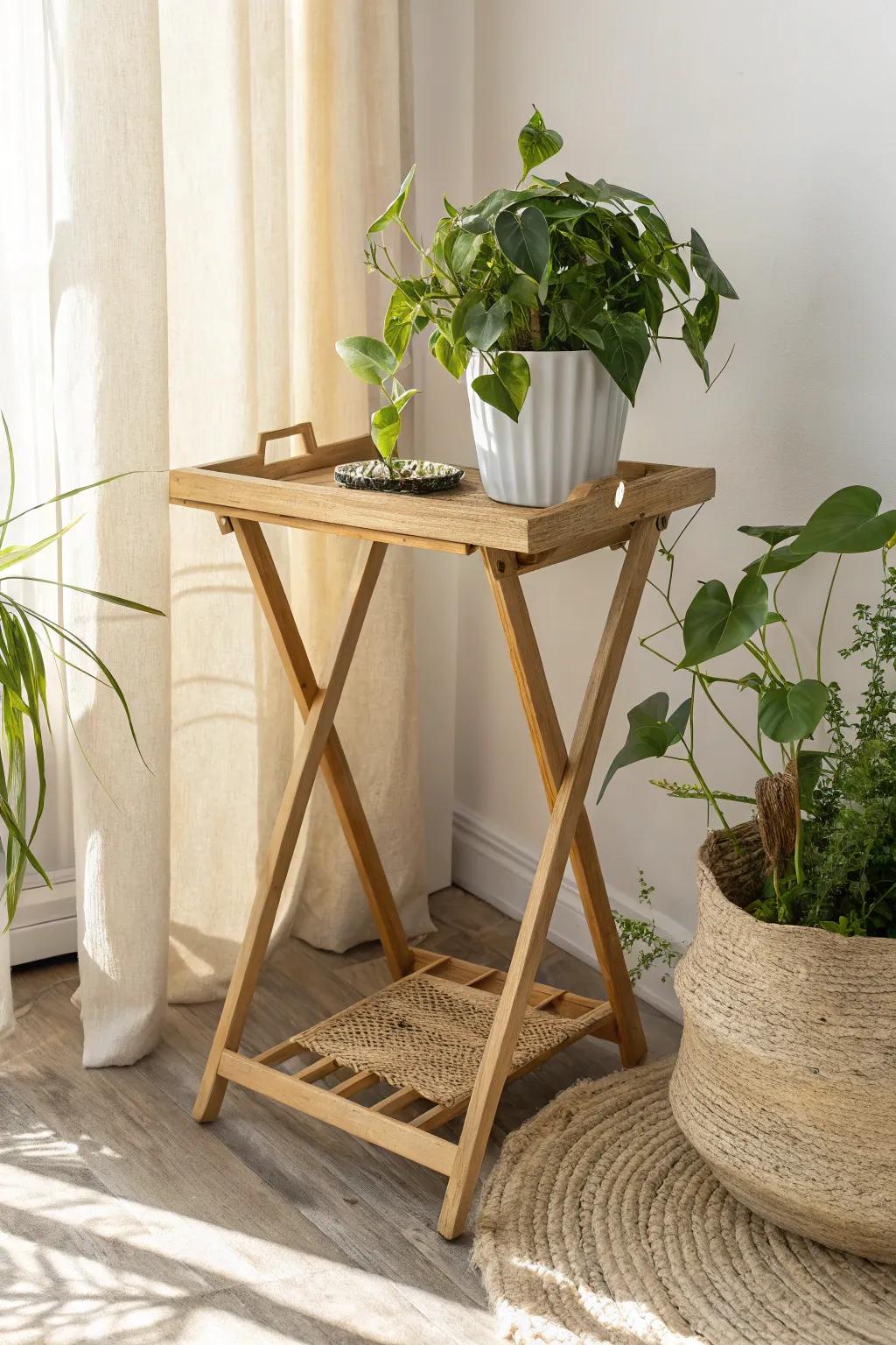A TV tray makes the perfect height-boosting plant stand for brighter, styled small spaces.