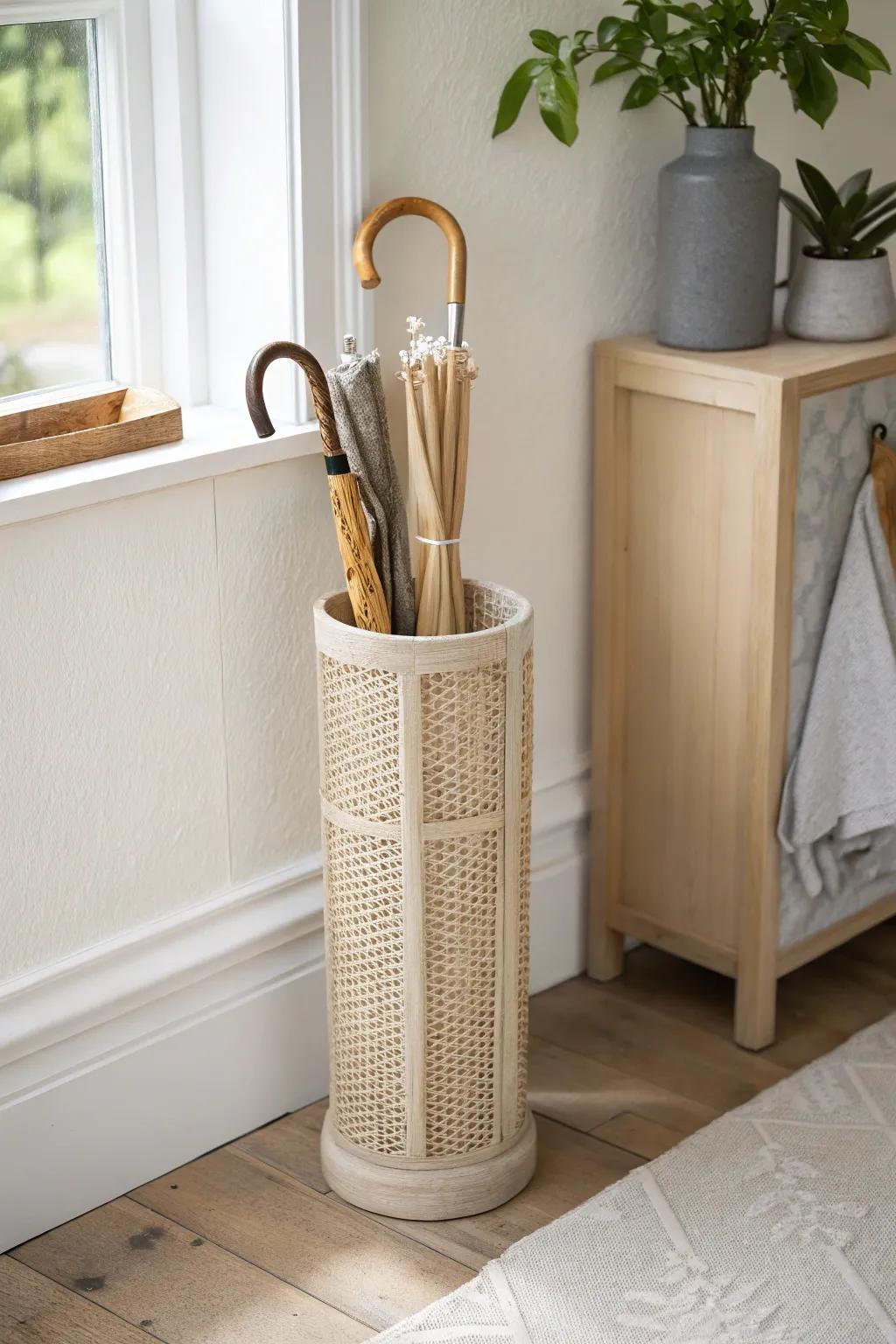 A slim corner umbrella stand turns an awkward entry nook into a calm, designed moment.