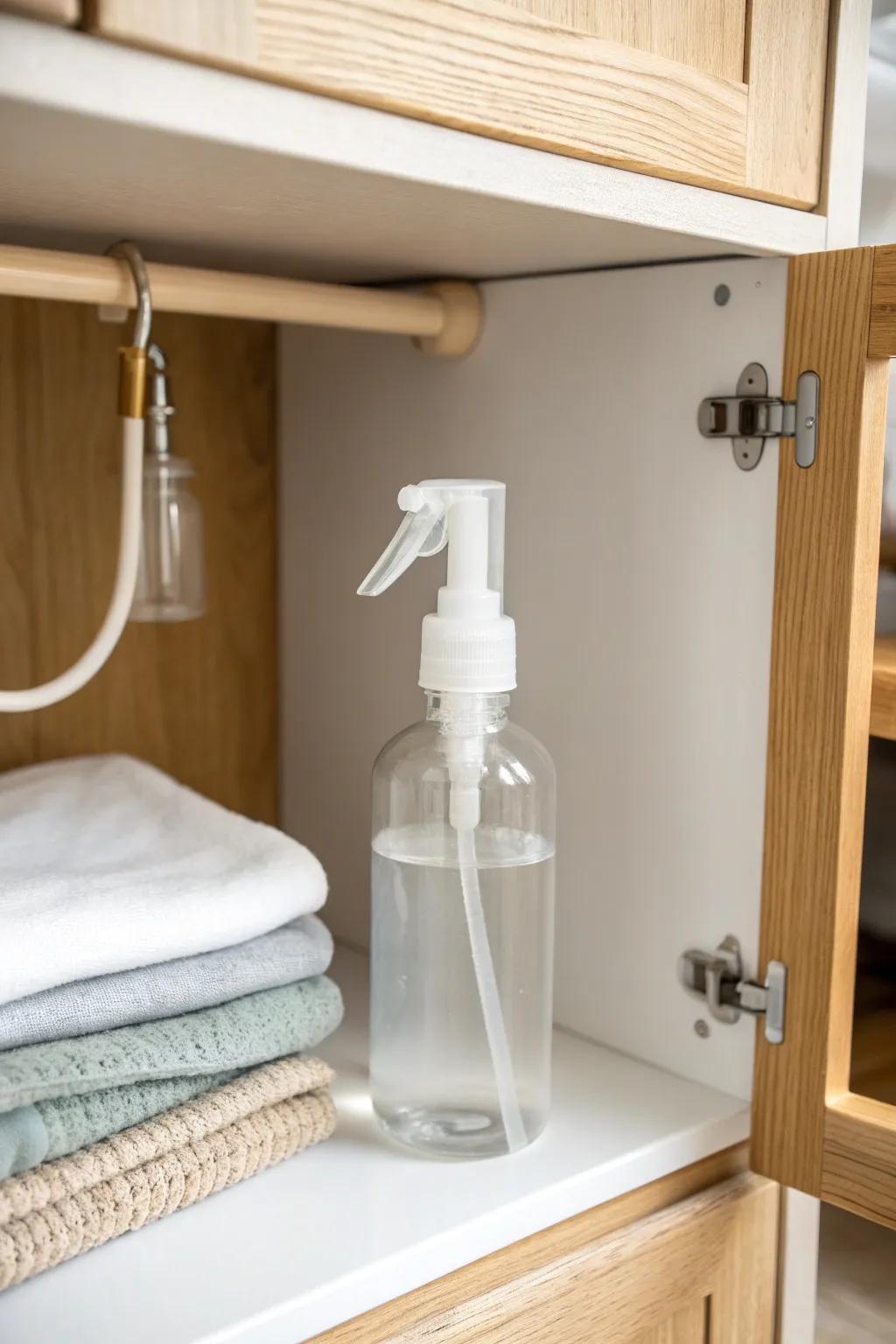 A single tension rod keeps your spray bottle off the cabinet floor—instant under-sink tidy.
