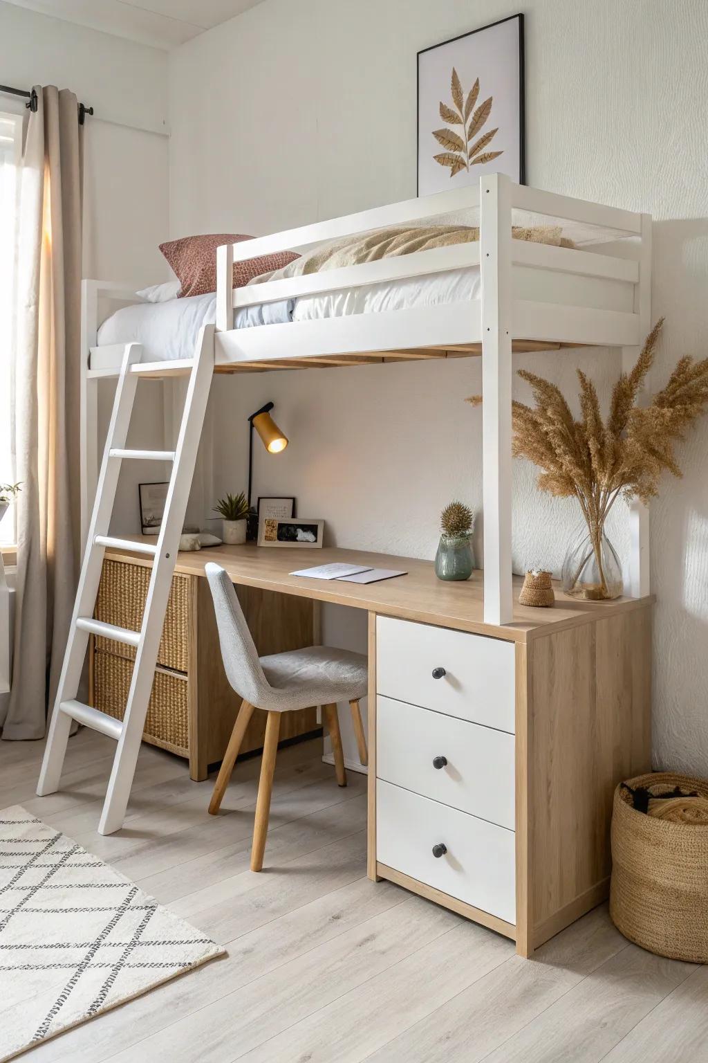 Under-loft desk with shelves above and drawers below—tidy storage for a small-space work nook.