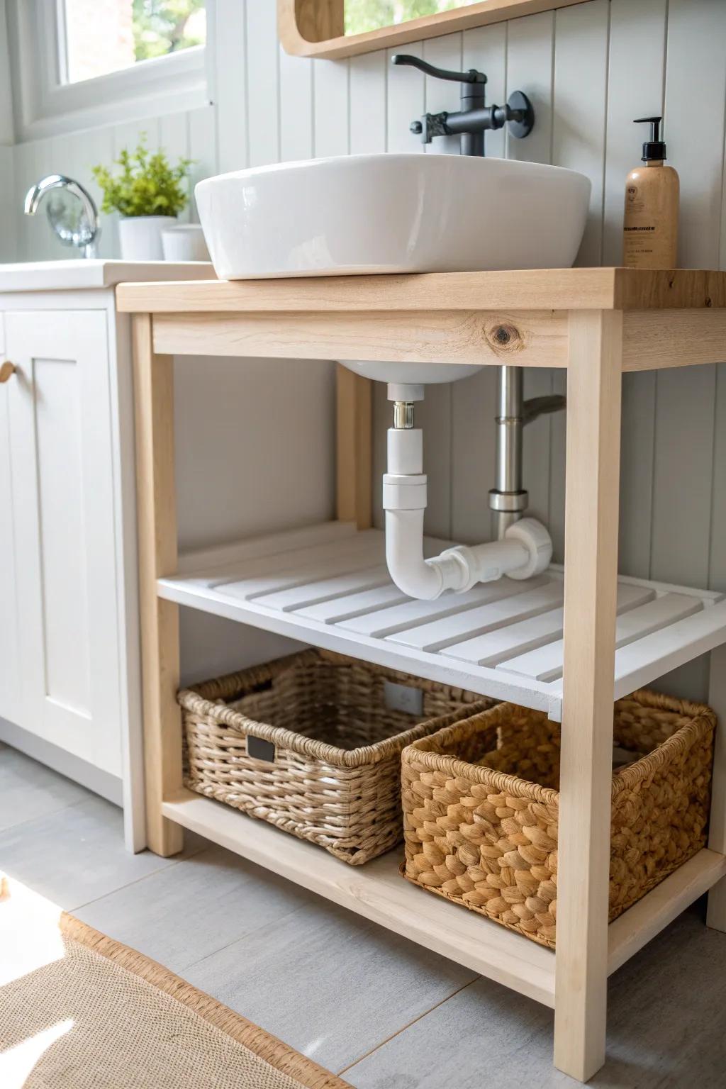 A U-shaped shelf hugs the P-trap—instantly adding a second level of under-sink storage.