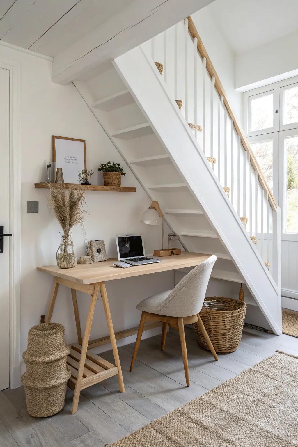 Mini under-stair desk nook with floating shelves and a cord basket—tiny office, always photo-ready.