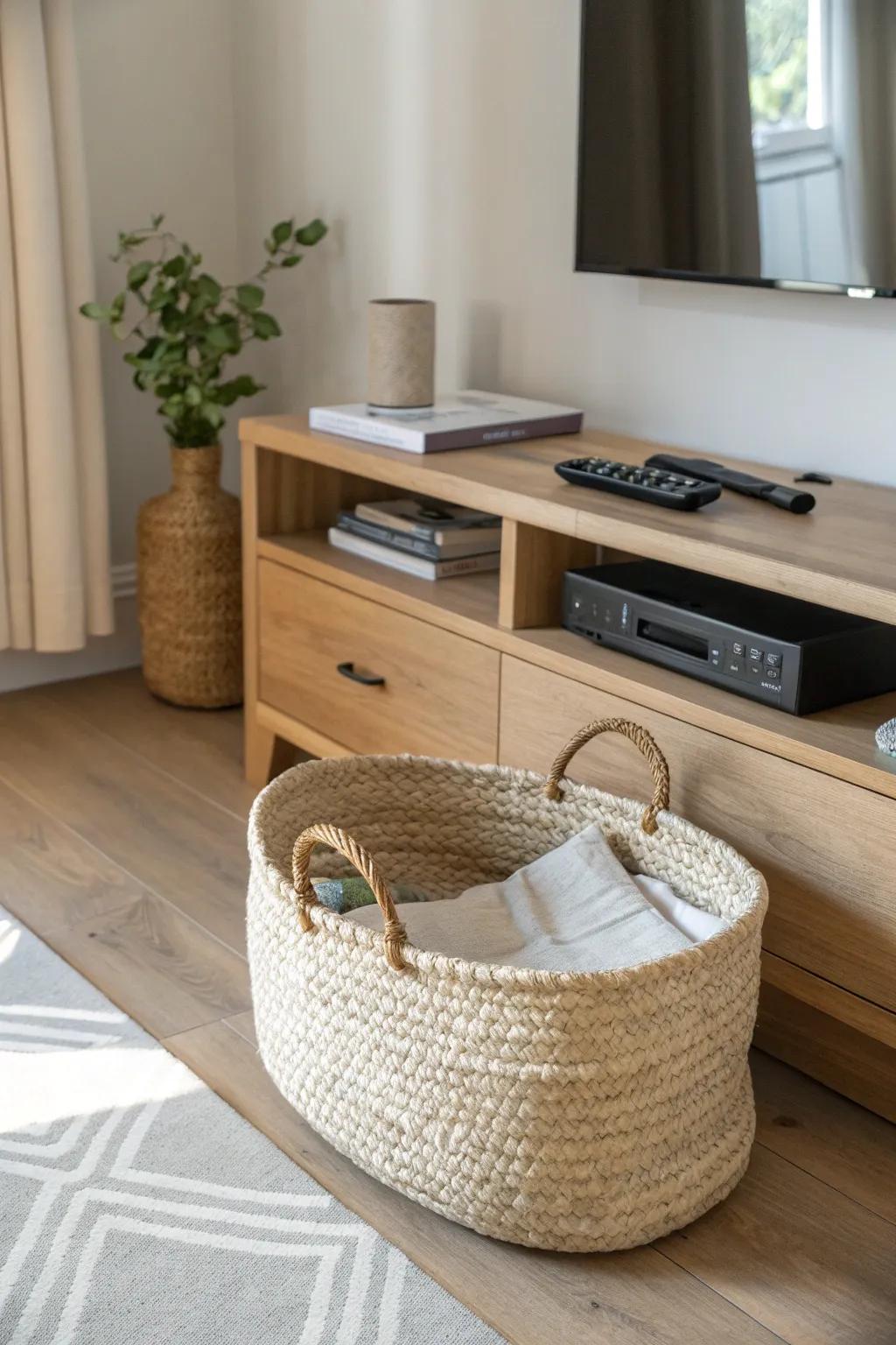 A woven basket under the TV keeps remotes and cables hidden—minimal, warm, and tidy.