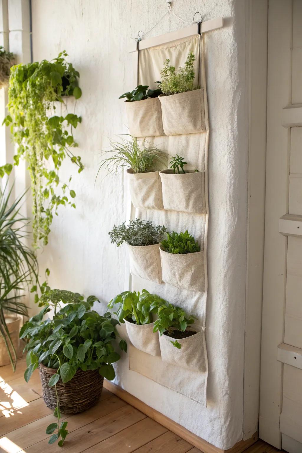 A vertical pocket wall garden that turns herbs into living art—perfect for tiny spaces.