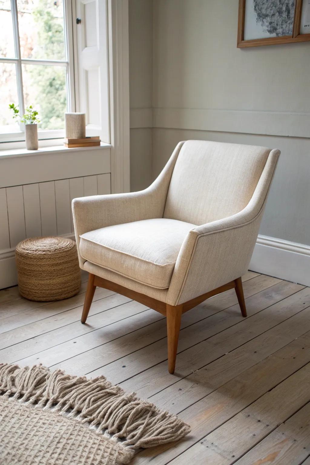 Low-profile, leggy seating keeps floors visible—instantly making a small living room feel taller.