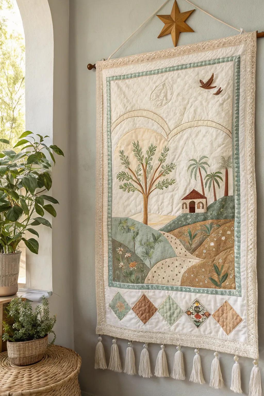 Embrace warmth and faith with a handcrafted quilted wall hanging, a perfect blend of simplicity and natural beauty.