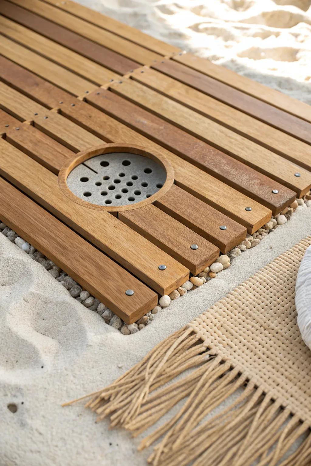 A slatted shower mat + simple drain plan keeps your van shower clean, dry, and homey.