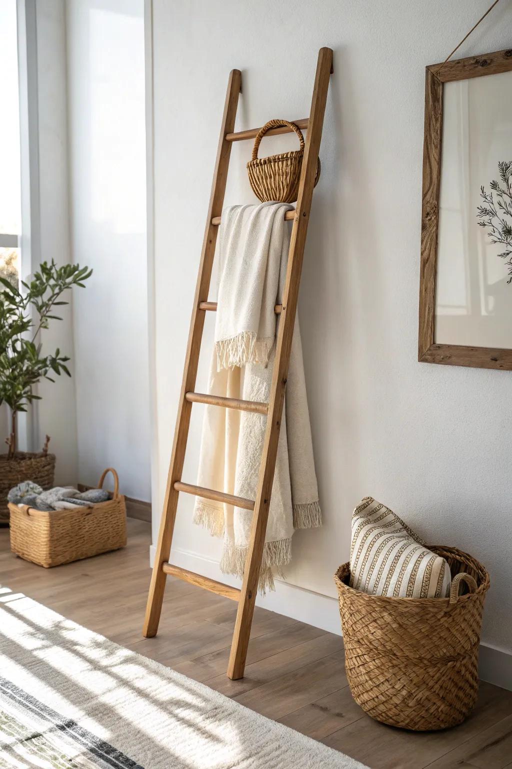 Lean a minimalist wooden ladder to style throws + a tiny basket—easy vertical decor.