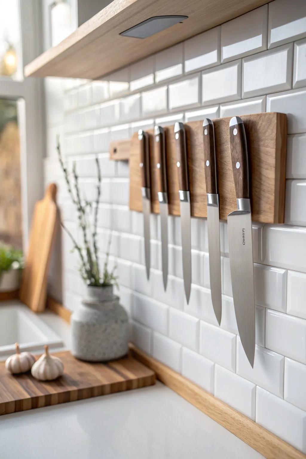 A magnetic knife strip clears precious counter space while keeping your tiny kitchen sleek.