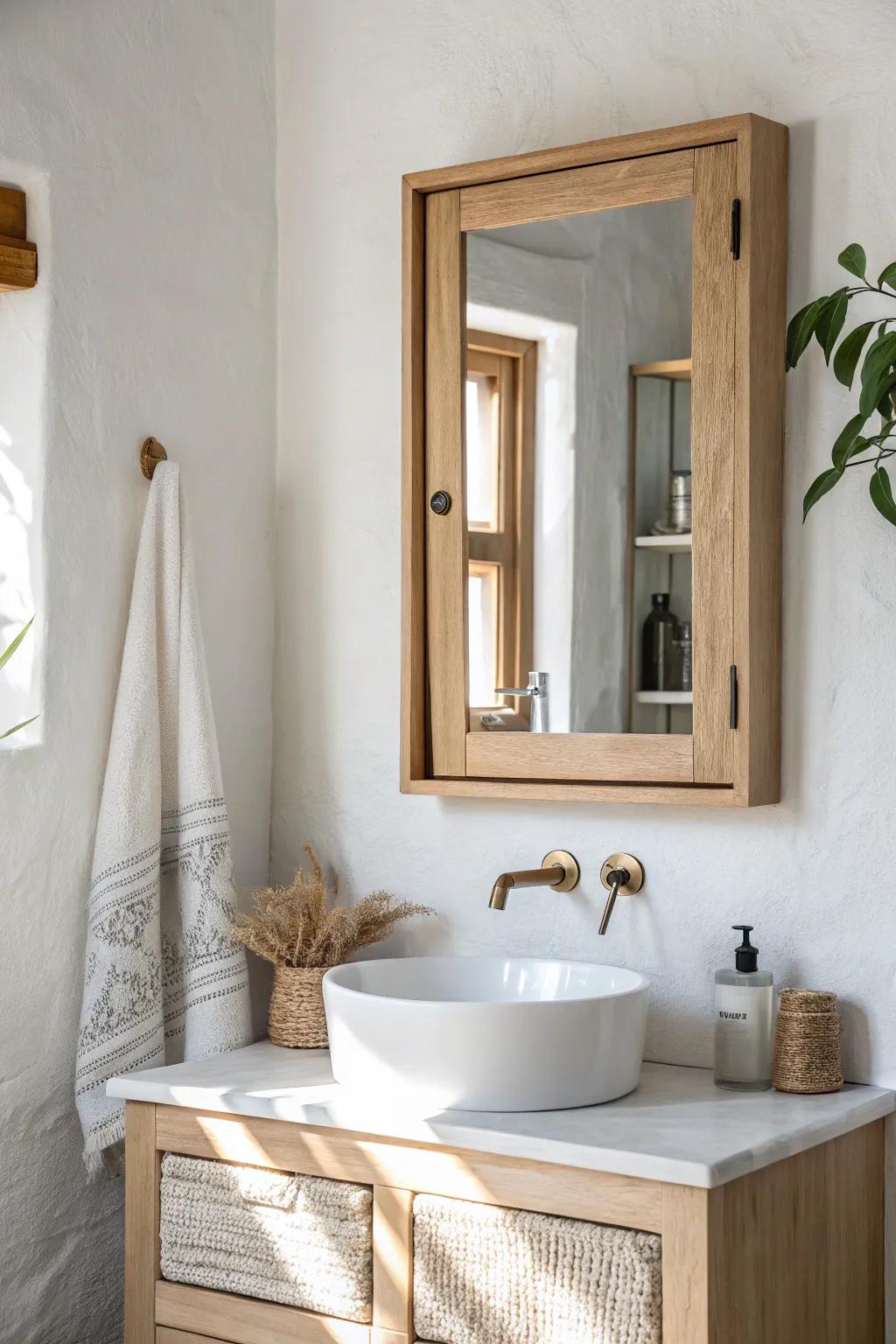 A recessed mirror cabinet adds hidden storage and keeps a tiny half bath looking sleek.