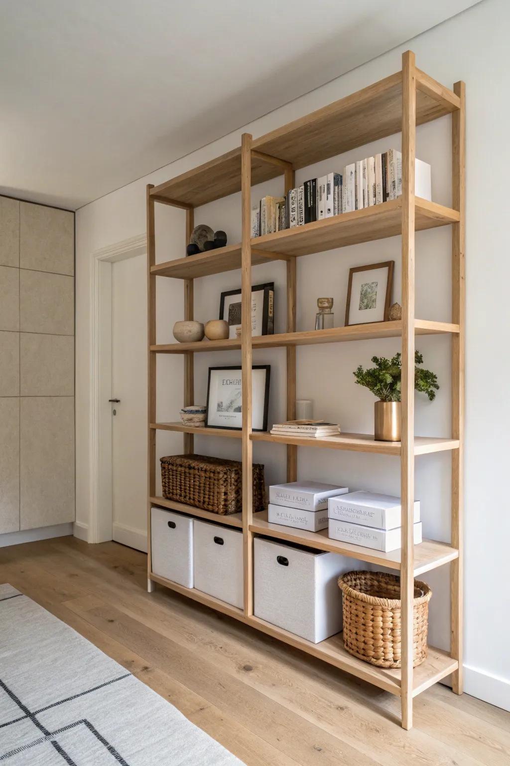 Max out a tiny studio by going vertical: wall-to-ceiling shelves keep floors open and calm.