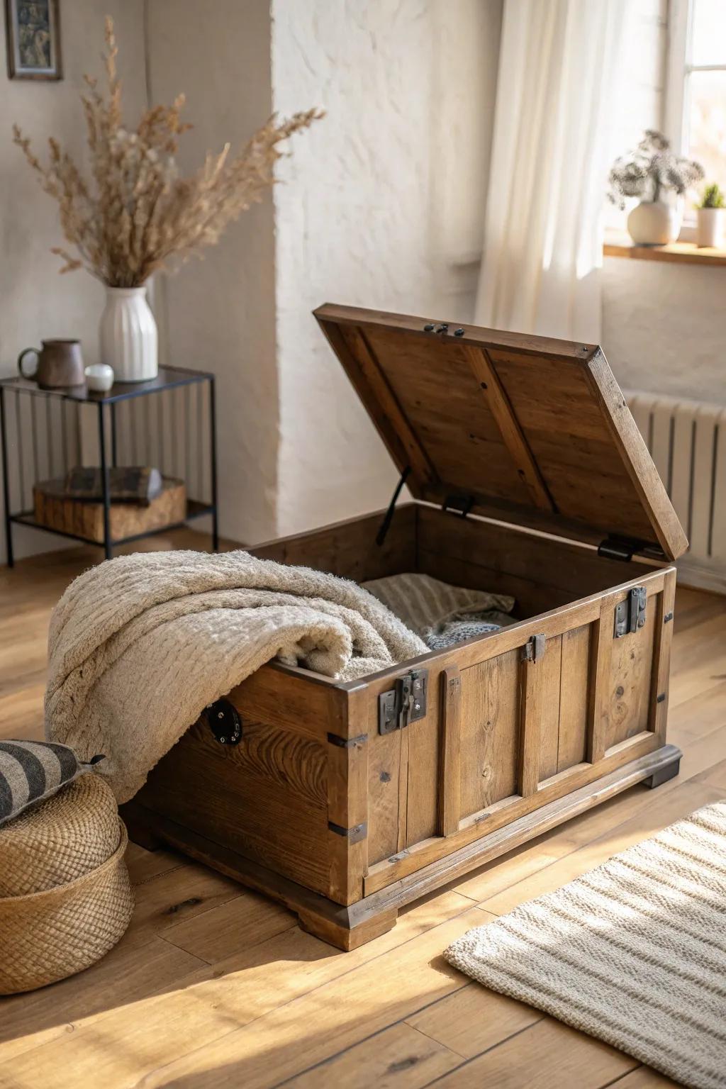 Vintage trunk coffee table: hidden blanket storage and board games, perfect for tiny spaces.